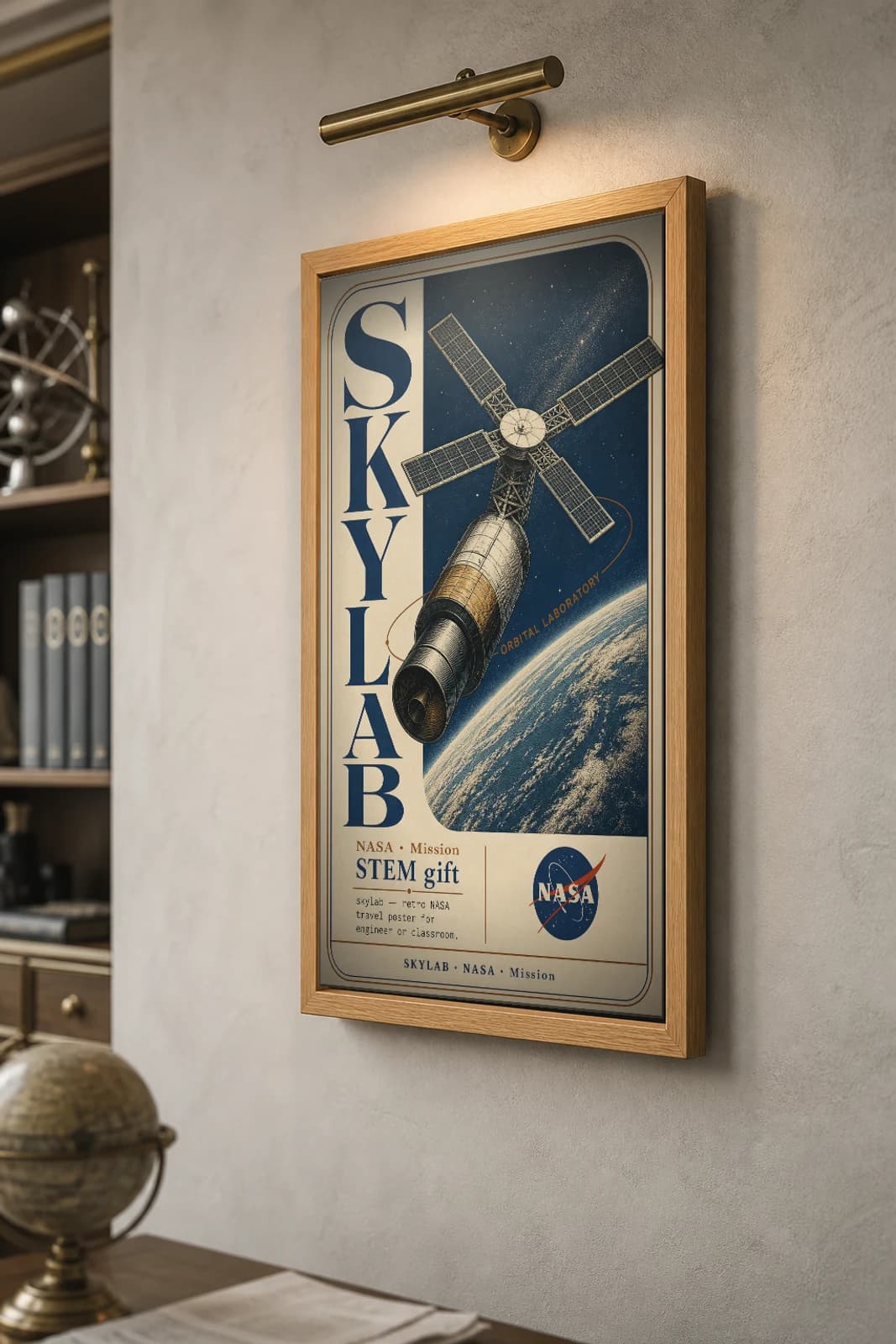 SKYLAB Poster — 1970 SKYLAB spacecraft NASA Missions Commemorative Sheet — the framed print shown at a three-quarter angle on a styled gallery wall in a natural-oak frame