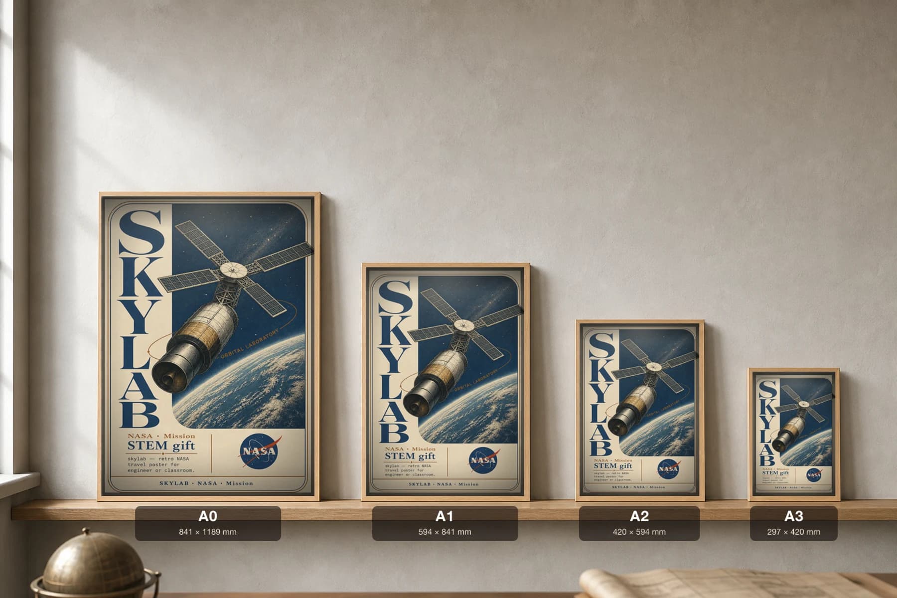 SKYLAB Poster — 1970 SKYLAB spacecraft NASA Missions Commemorative Sheet — print size guide showing the artwork at A0, A1, A2 and A3 in natural-oak frames at true relative scale
