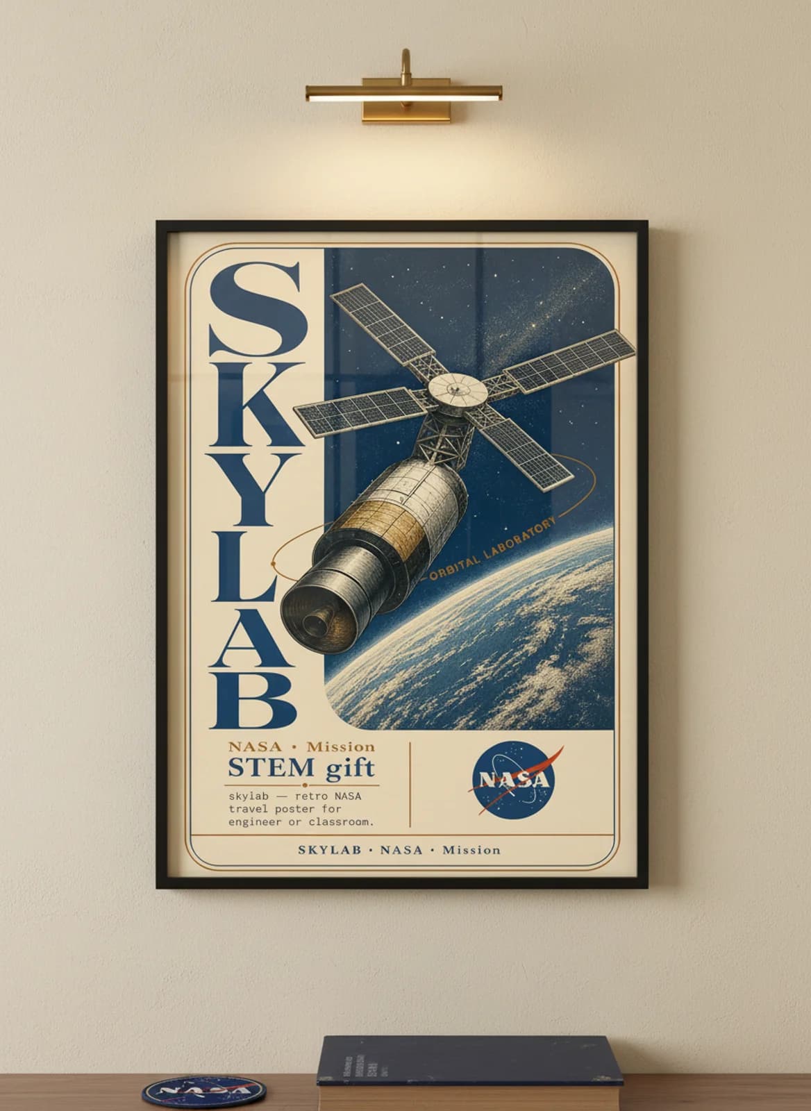 SKYLAB — NASA Missions poster in black A2 frame on warm-cream-paper wall matching print paper — NASA Missions study mockup