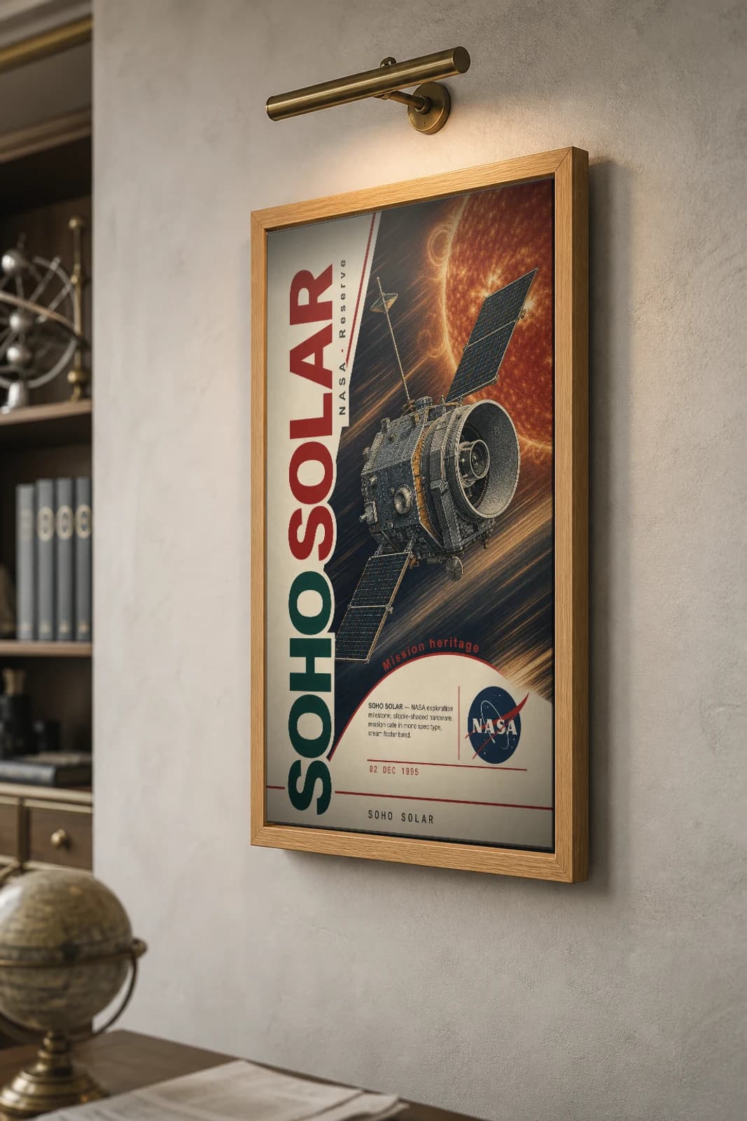 SOHO SOLAR Poster — 1995 Solar / magnetosphere probe NASA Missions Commemorative Sheet — the framed print shown at a three-quarter angle on a styled gallery wall in a natural-oak frame