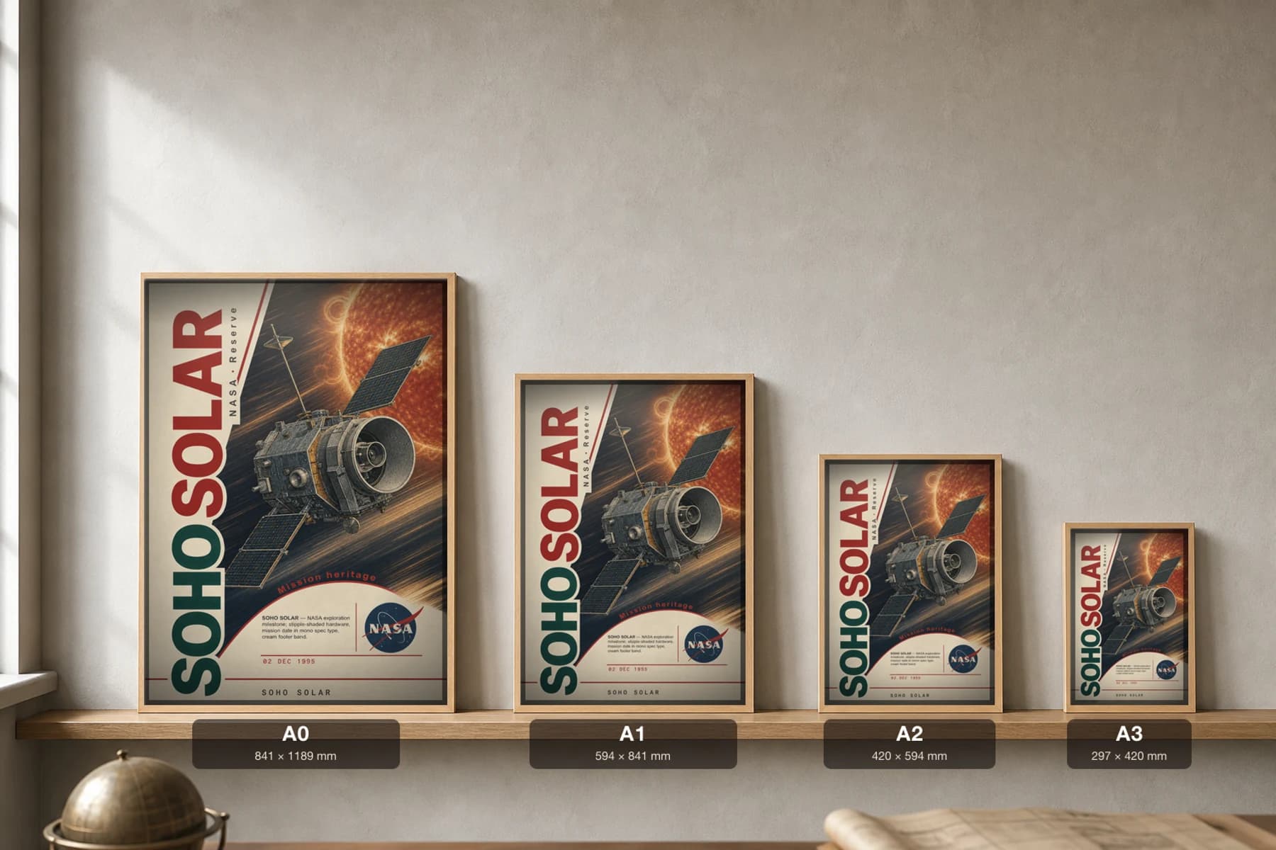 SOHO SOLAR Poster — 1995 Solar / magnetosphere probe NASA Missions Commemorative Sheet — print size guide showing the artwork at A0, A1, A2 and A3 in natural-oak frames at true relative scale