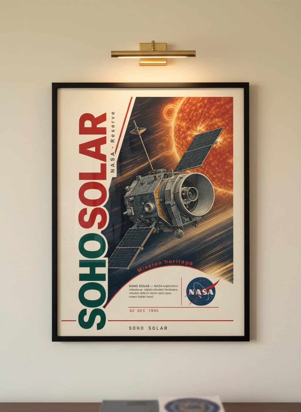 SOHO SOLAR — NASA Missions poster in black A2 frame on warm-cream-paper wall matching print paper — NASA Missions study mockup