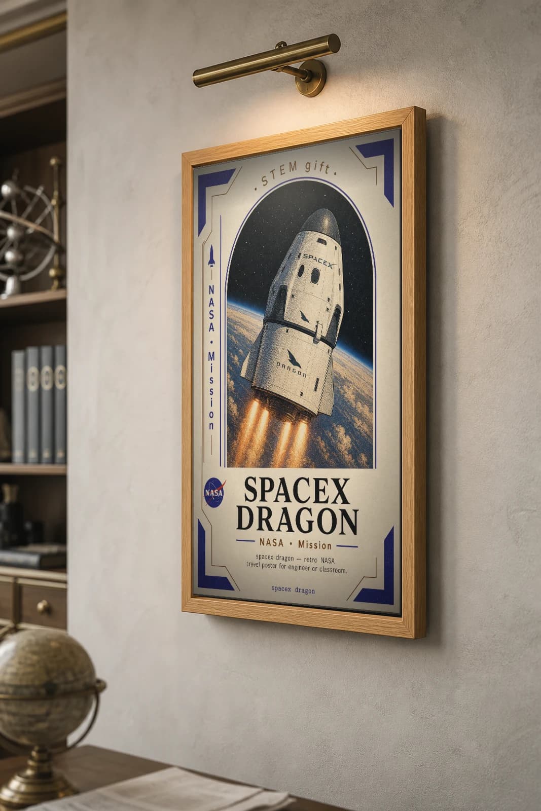 SPACEX DRAGON Poster — 1970 SPACEX DRAGON spacecraft NASA Missions Commemorative Sheet — the framed print shown at a three-quarter angle on a styled gallery wall in a natural-oak frame