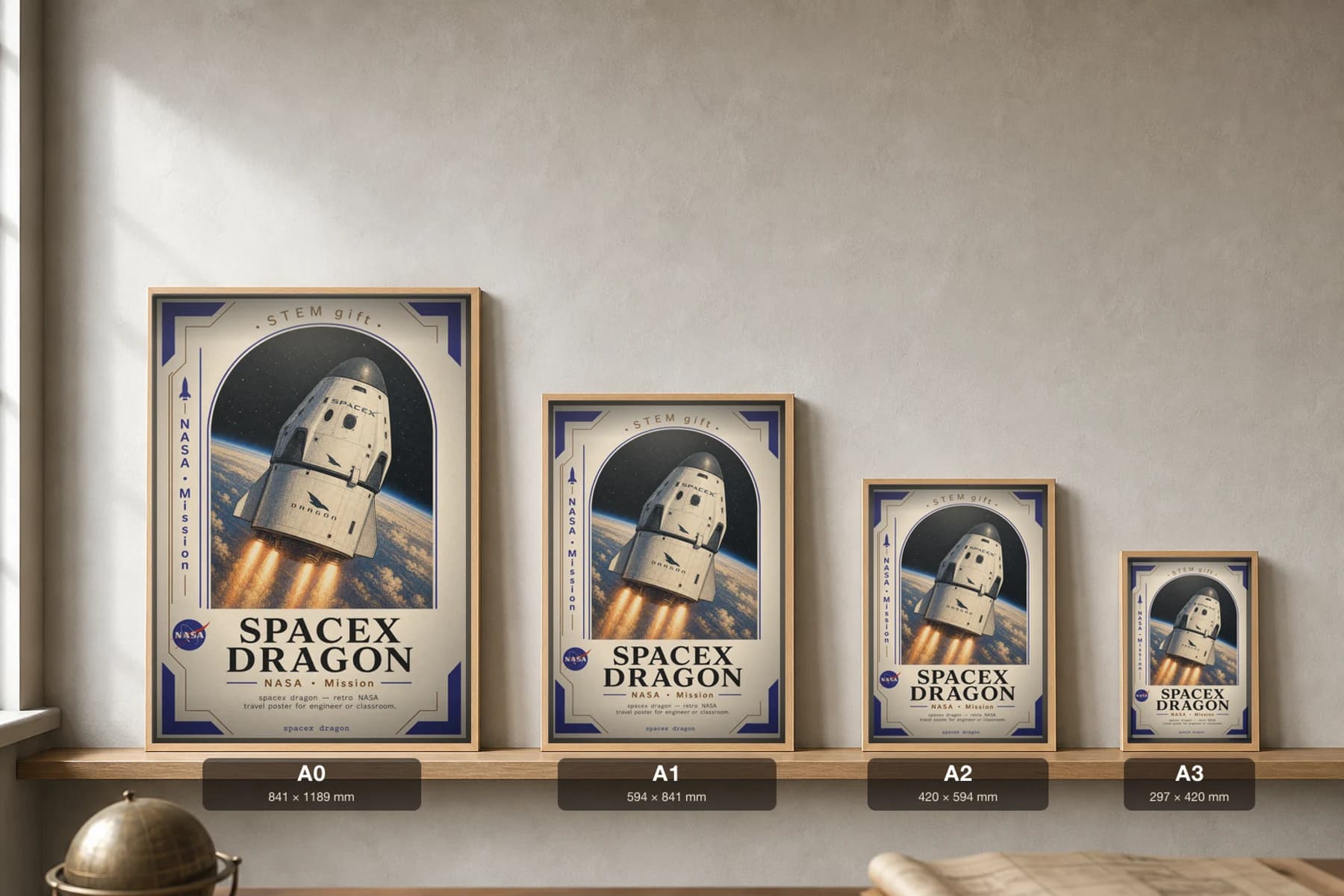 SPACEX DRAGON Poster — 1970 SPACEX DRAGON spacecraft NASA Missions Commemorative Sheet — print size guide showing the artwork at A0, A1, A2 and A3 in natural-oak frames at true relative scale