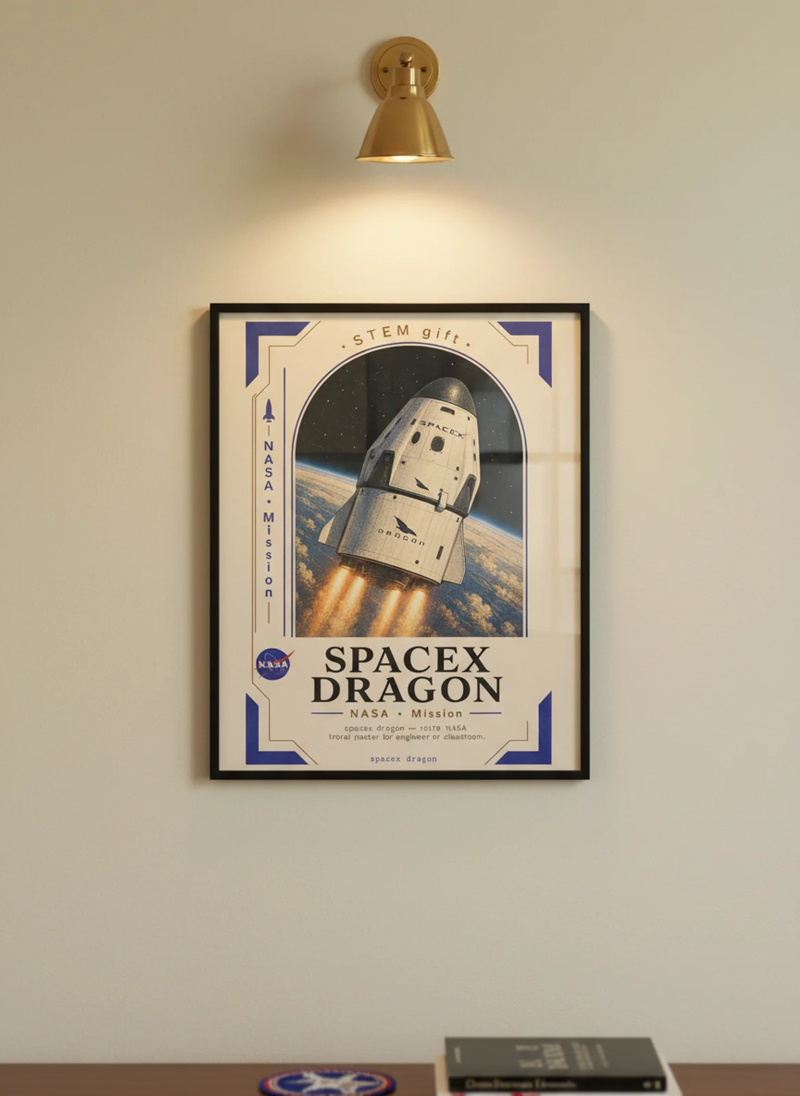 SPACEX DRAGON — NASA Missions poster in black A2 frame on warm-cream-paper wall matching print paper — NASA Missions study mockup
