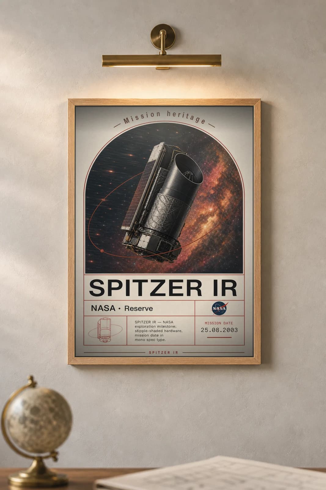 SPITZER IR — NASA Missions poster in black A2 frame on warm-cream-paper wall matching print paper — NASA Missions study mockup