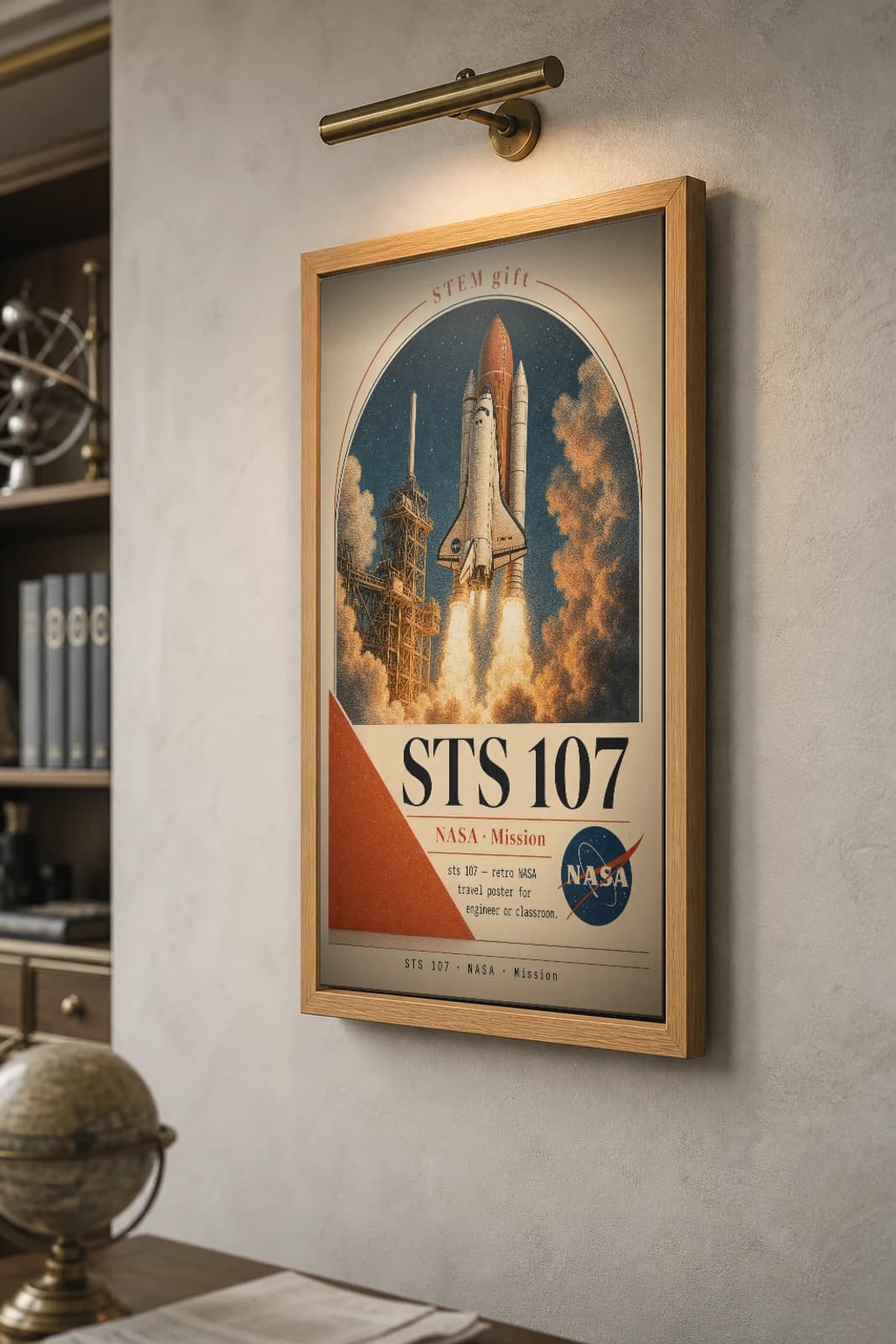 STS 107 Poster — 2003 Columbia OV-102 NASA Missions Commemorative Sheet — the framed print shown at a three-quarter angle on a styled gallery wall in a natural-oak frame
