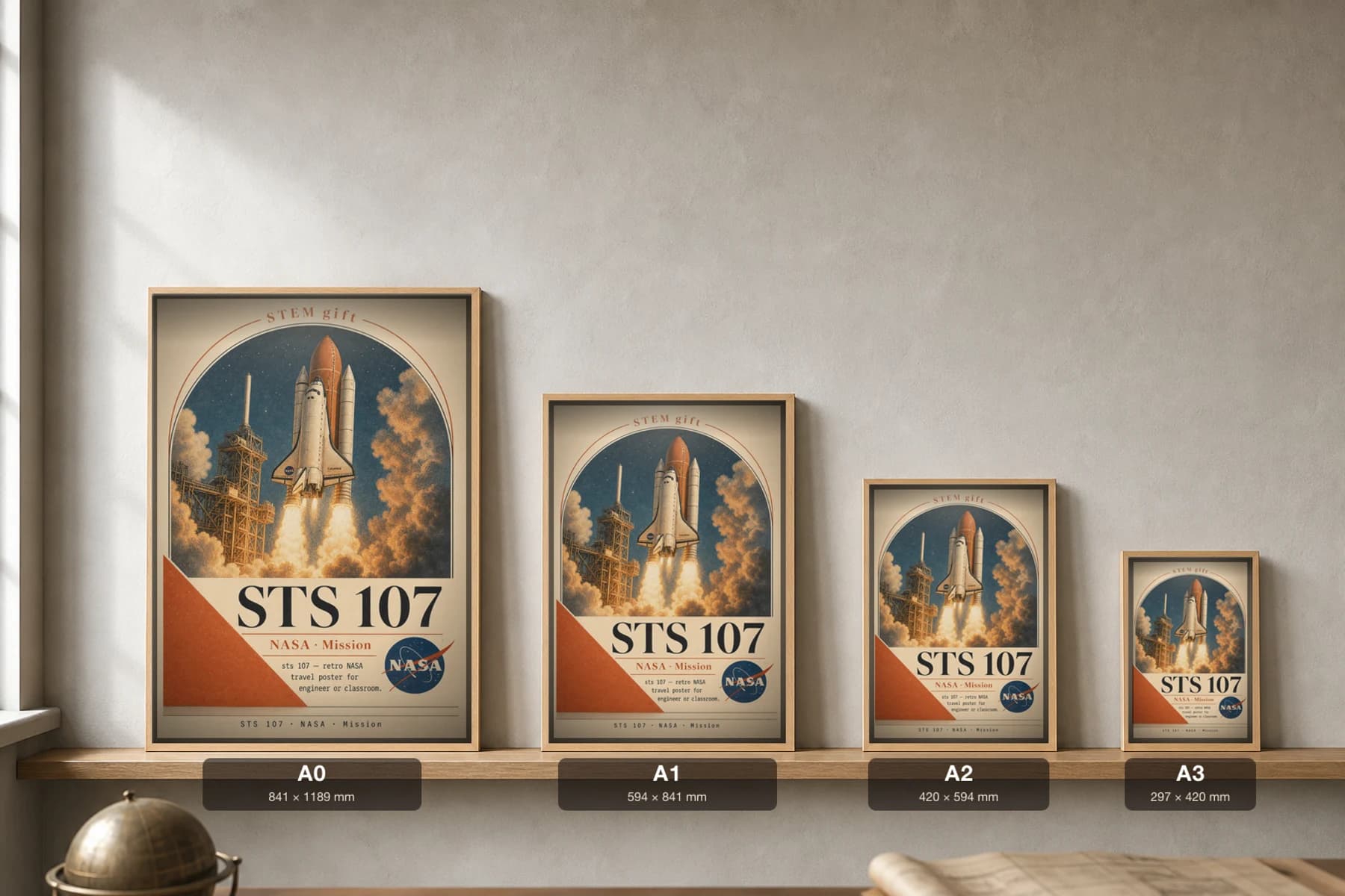 STS 107 Poster — 2003 Columbia OV-102 NASA Missions Commemorative Sheet — print size guide showing the artwork at A0, A1, A2 and A3 in natural-oak frames at true relative scale
