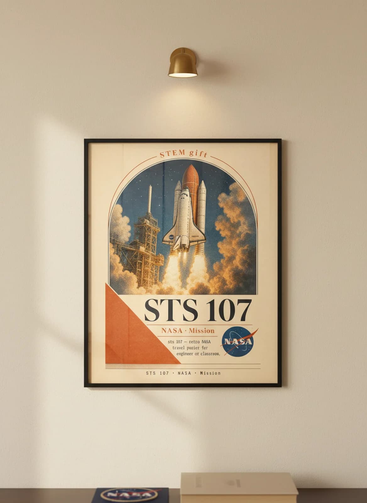 STS 107 — NASA Missions poster in black A2 frame on warm-cream-paper wall matching print paper — NASA Missions study mockup
