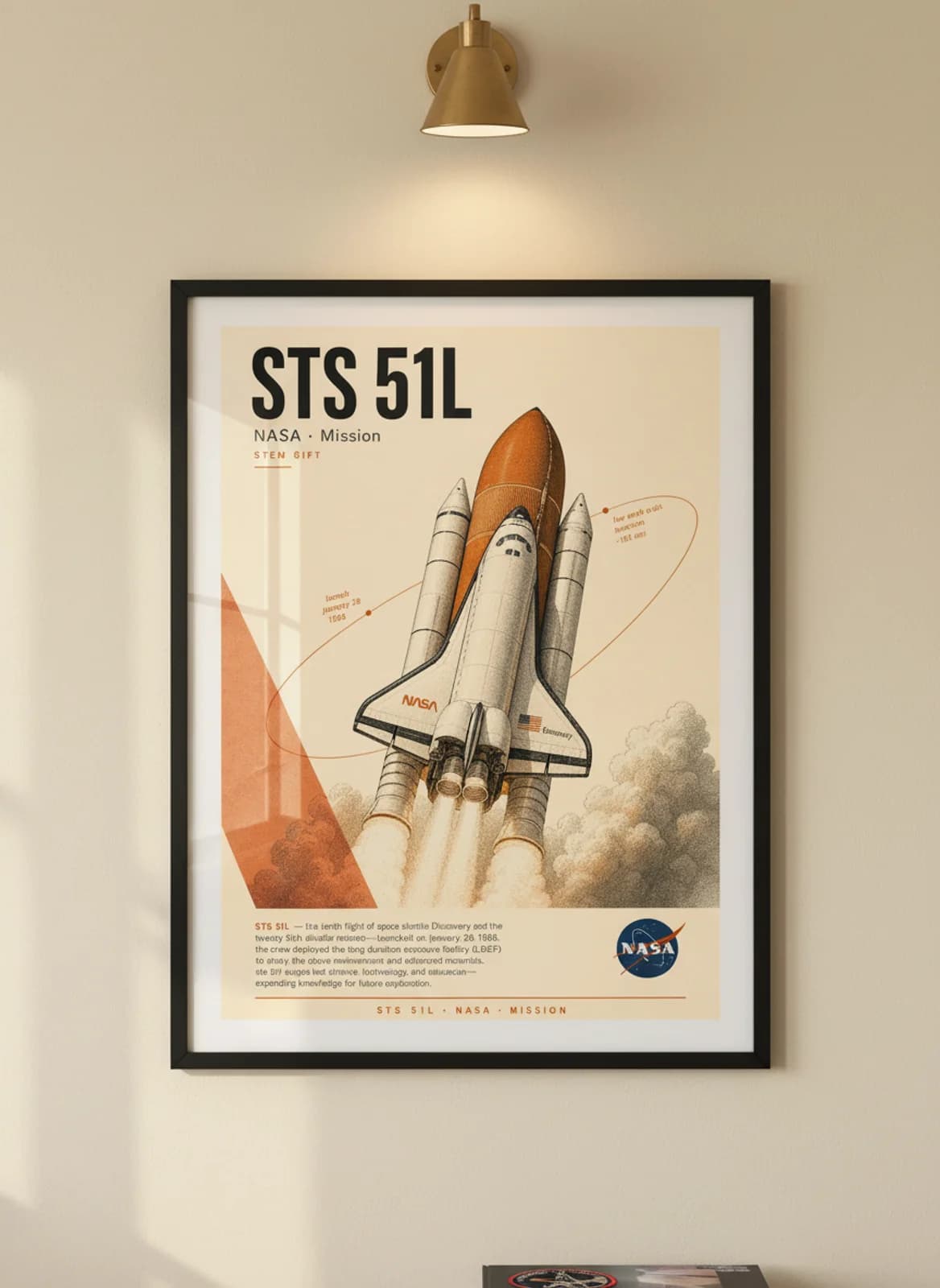STS 51L — NASA Missions poster in black A2 frame on warm-cream-paper wall matching print paper — NASA Missions study mockup