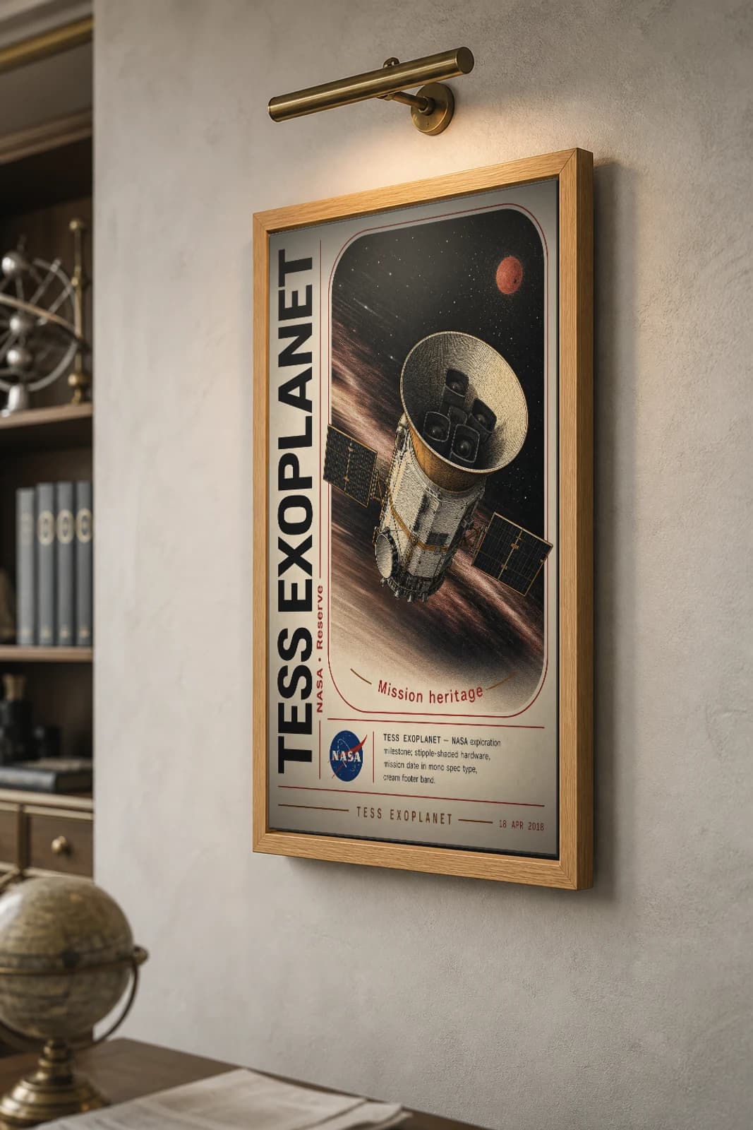 TESS EXOPLANET Poster — 2000 Space observatory NASA Missions Commemorative Sheet — the framed print shown at a three-quarter angle on a styled gallery wall in a natural-oak frame
