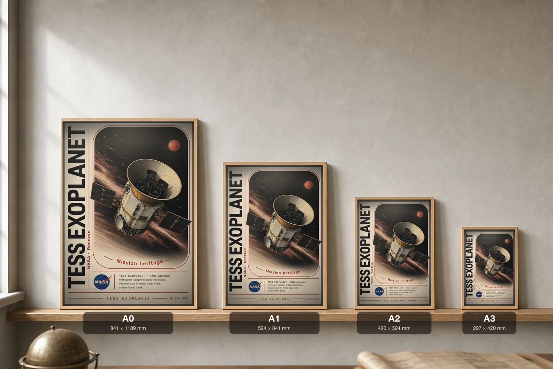 TESS EXOPLANET Poster — 2000 Space observatory NASA Missions Commemorative Sheet — print size guide showing the artwork at A0, A1, A2 and A3 in natural-oak frames at true relative scale