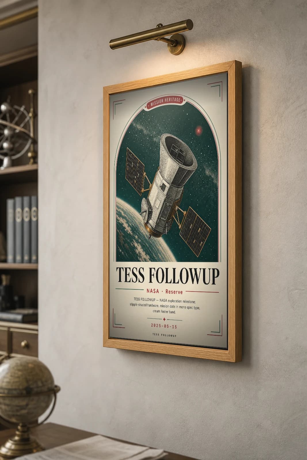 TESS FOLLOWUP Poster — 1970 TESS FOLLOWUP spacecraft NASA Missions Commemorative Sheet — the framed print shown at a three-quarter angle on a styled gallery wall in a natural-oak frame