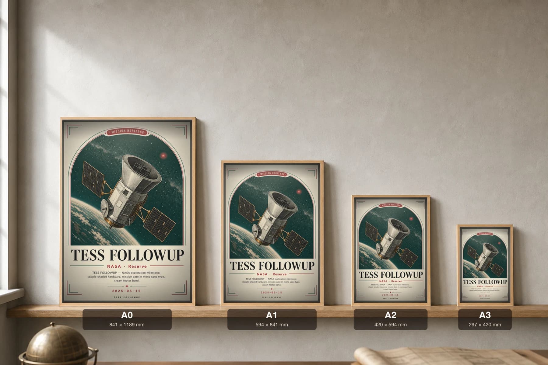 TESS FOLLOWUP Poster — 1970 TESS FOLLOWUP spacecraft NASA Missions Commemorative Sheet — print size guide showing the artwork at A0, A1, A2 and A3 in natural-oak frames at true relative scale