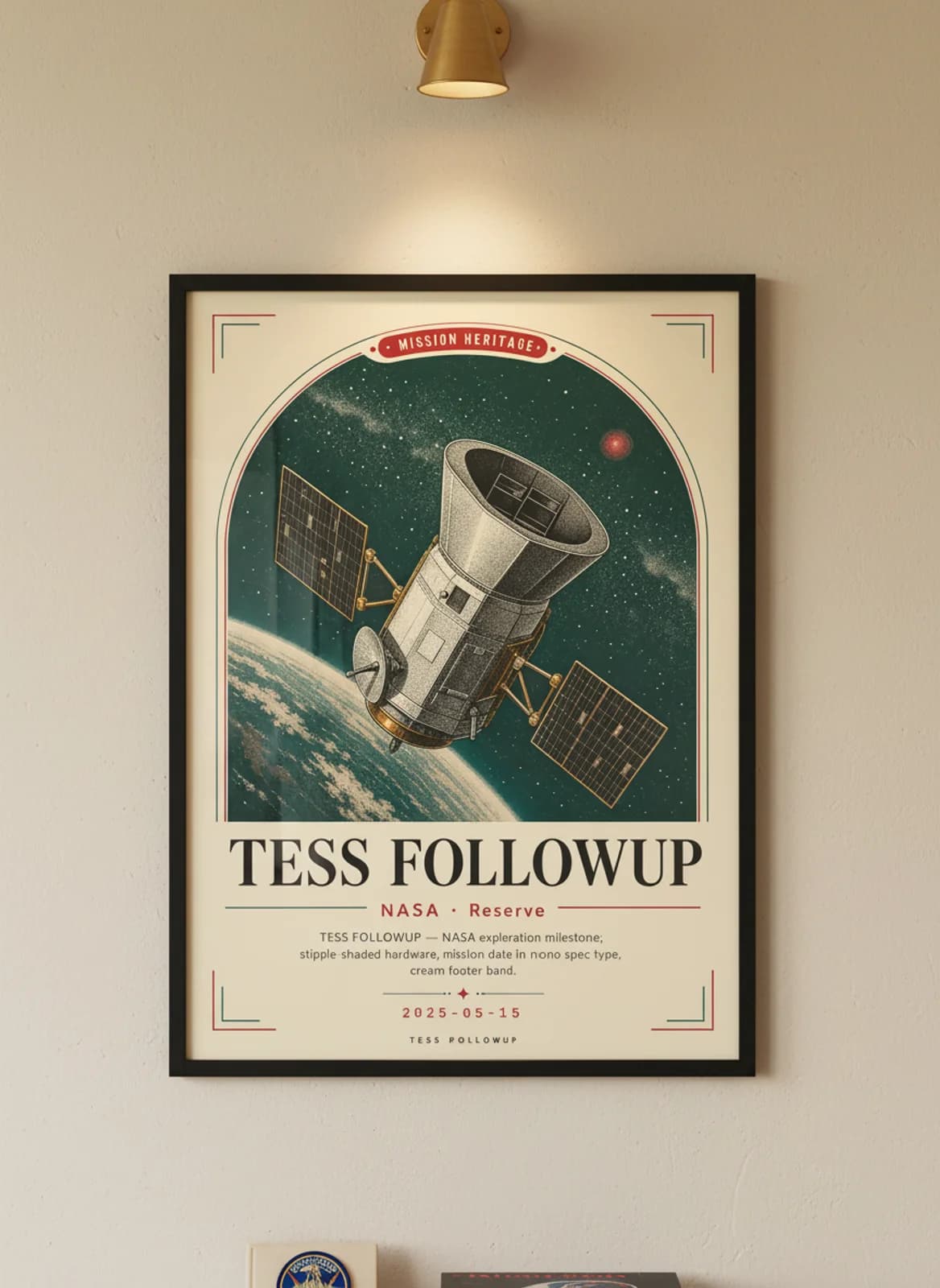 TESS FOLLOWUP — NASA Missions poster in black A2 frame on warm-cream-paper wall matching print paper — NASA Missions study mockup