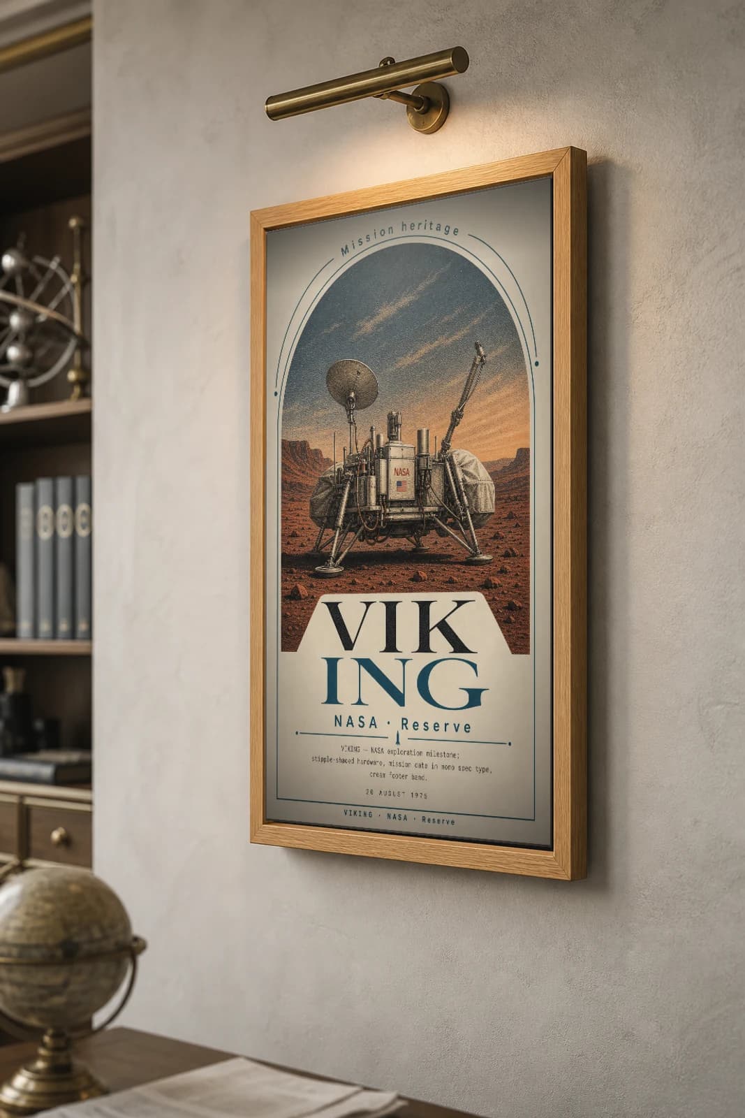 VIKING Poster — 1997 Mars mission spacecraft NASA Missions Commemorative Sheet — the framed print shown at a three-quarter angle on a styled gallery wall in a natural-oak frame