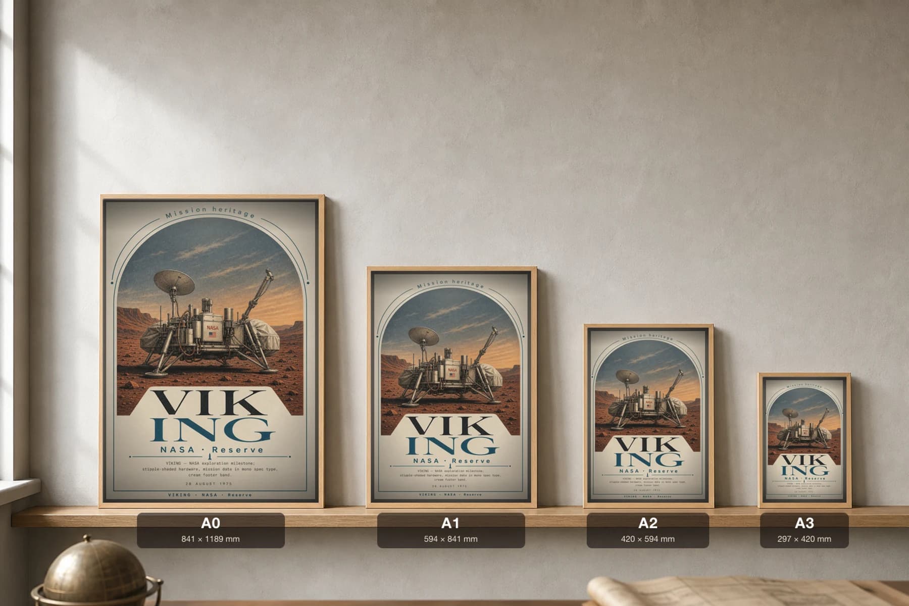 VIKING Poster — 1997 Mars mission spacecraft NASA Missions Commemorative Sheet — print size guide showing the artwork at A0, A1, A2 and A3 in natural-oak frames at true relative scale