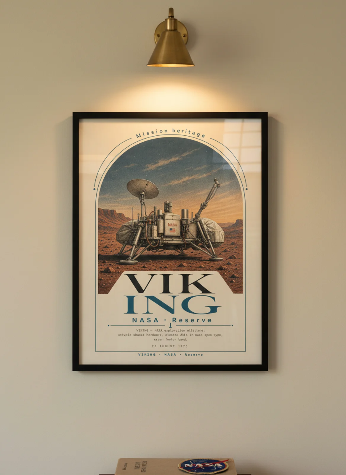 VIKING — NASA Missions poster in black A2 frame on warm-cream-paper wall matching print paper — NASA Missions study mockup