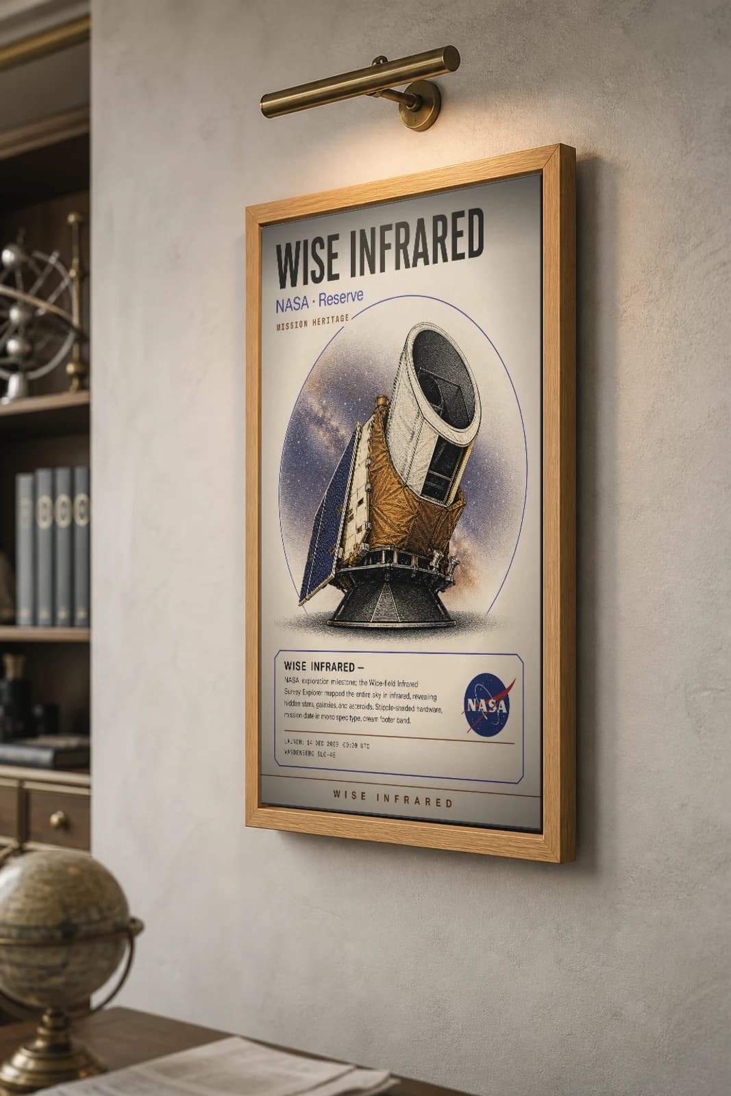 WISE INFRARED Poster — 2000 Space observatory NASA Missions Commemorative Sheet — the framed print shown at a three-quarter angle on a styled gallery wall in a natural-oak frame