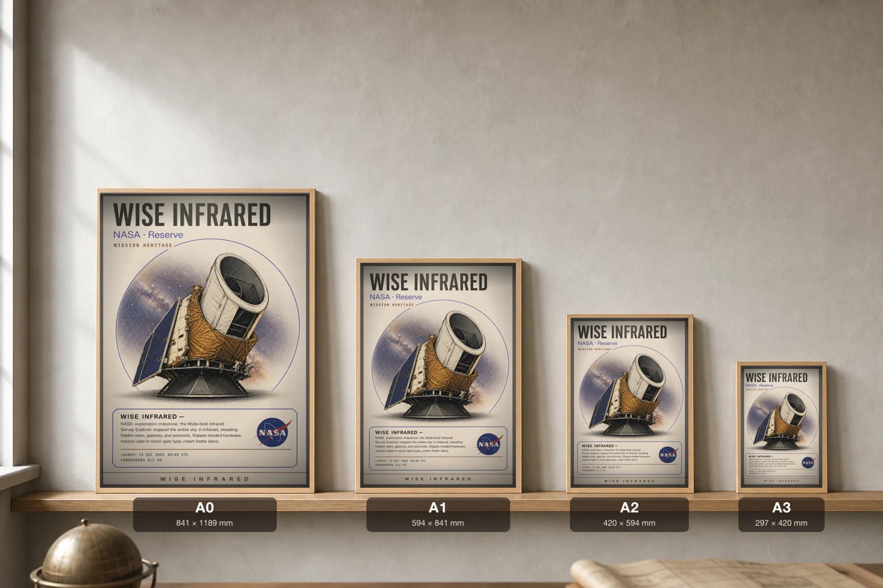 WISE INFRARED Poster — 2000 Space observatory NASA Missions Commemorative Sheet — print size guide showing the artwork at A0, A1, A2 and A3 in natural-oak frames at true relative scale