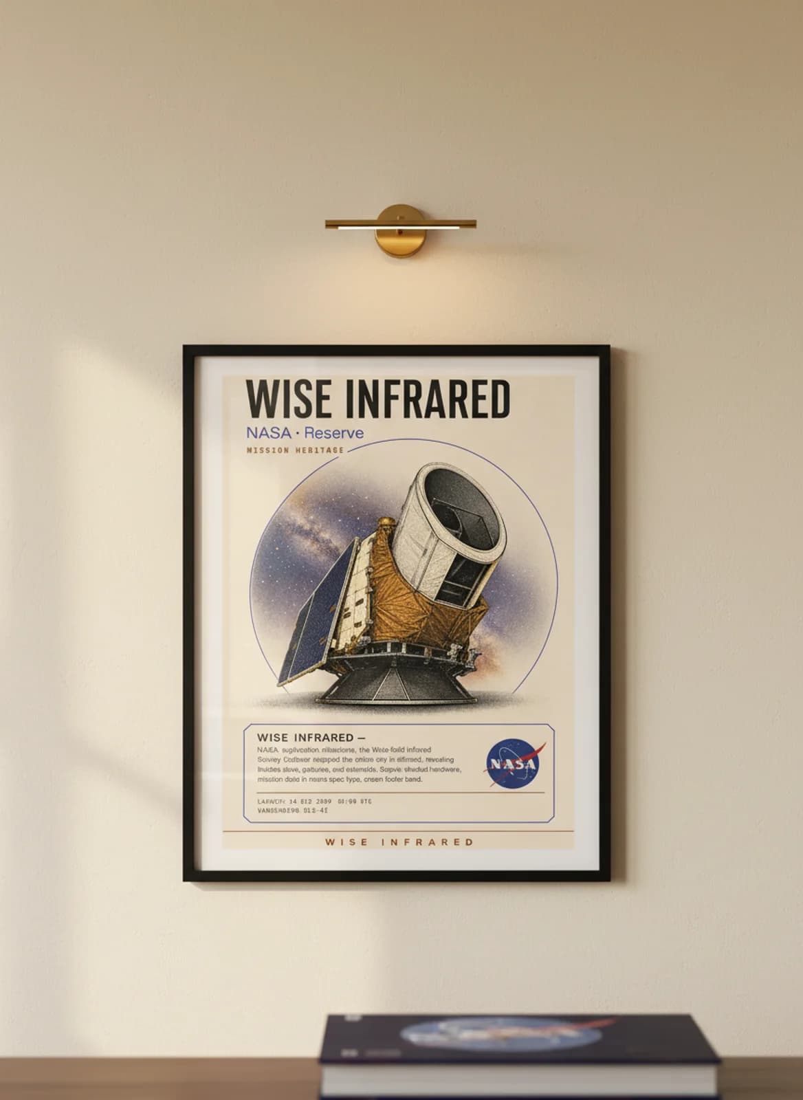 WISE INFRARED — NASA Missions poster in black A2 frame on warm-cream-paper wall matching print paper — NASA Missions study mockup