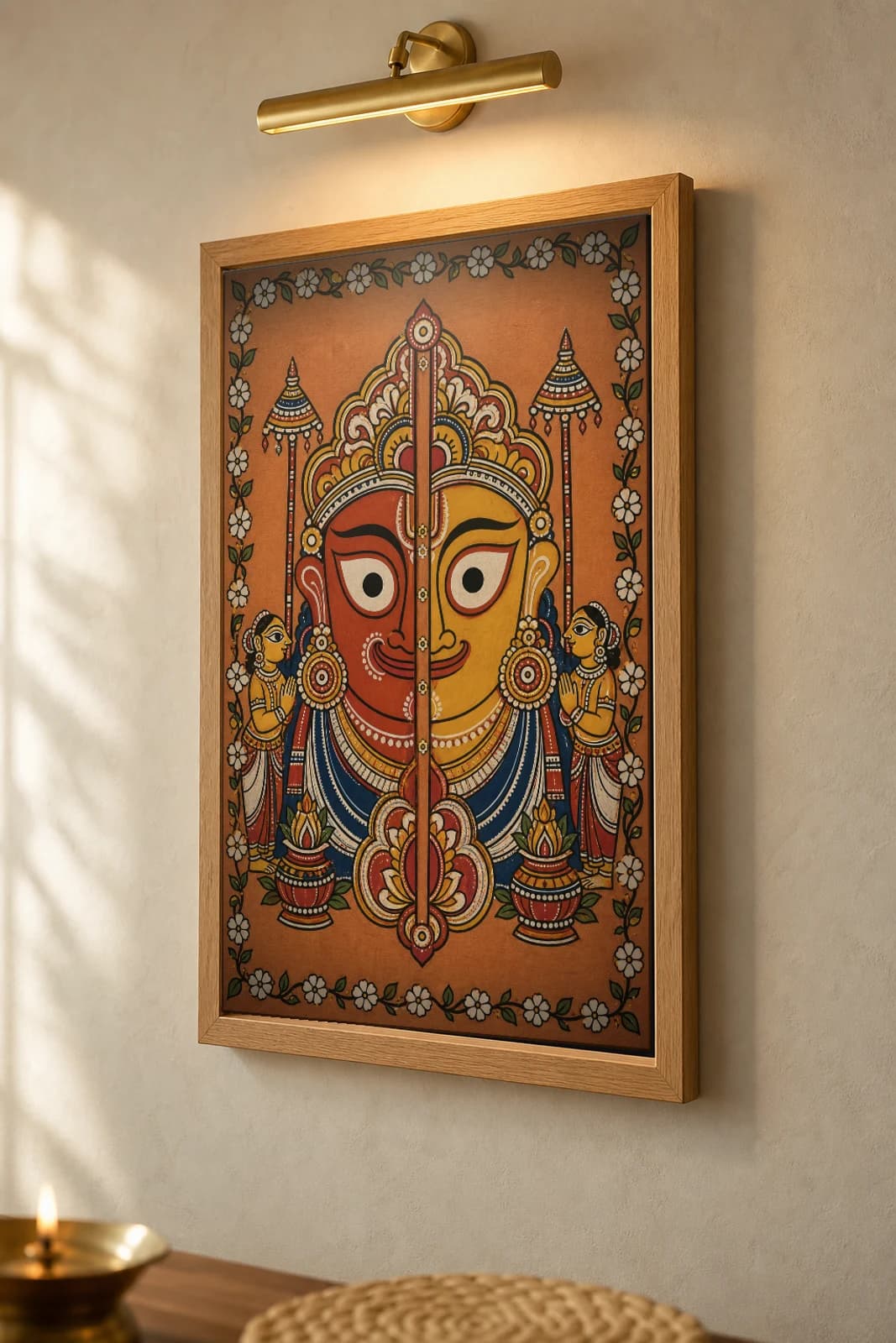 Anasara Pati Pattachitra Print — the painted face of Jagannath during the fortnight of fever · collector edition A2 · classical Odisha Jagannath tradition — the framed print shown at a three-quarter angle on a styled gallery wall in a natural-oak frame