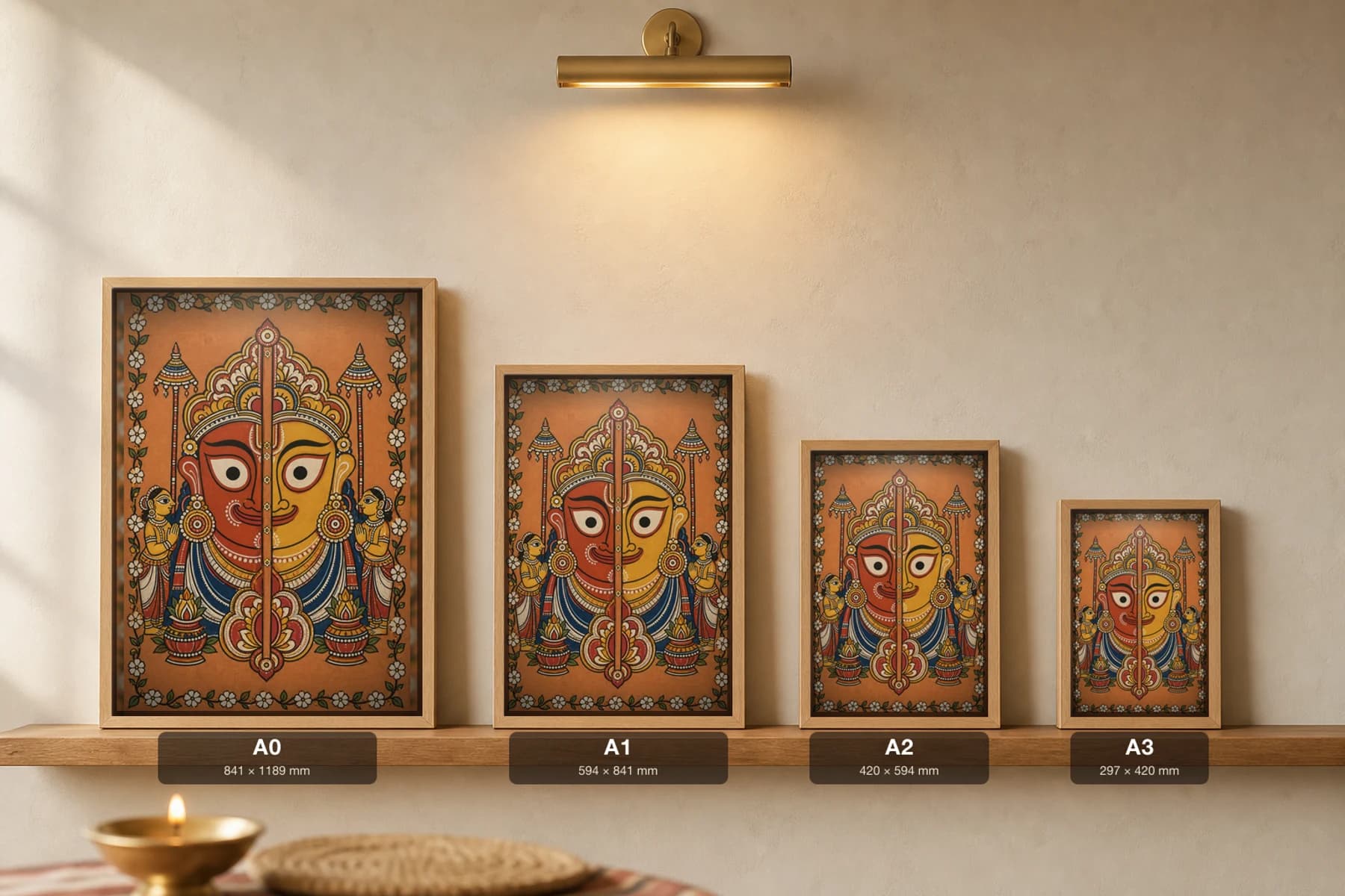 Anasara Pati Pattachitra Print — the painted face of Jagannath during the fortnight of fever · collector edition A2 · classical Odisha Jagannath tradition — print size guide showing the artwork at A0, A1, A2 and A3 in natural-oak frames at true relative scale