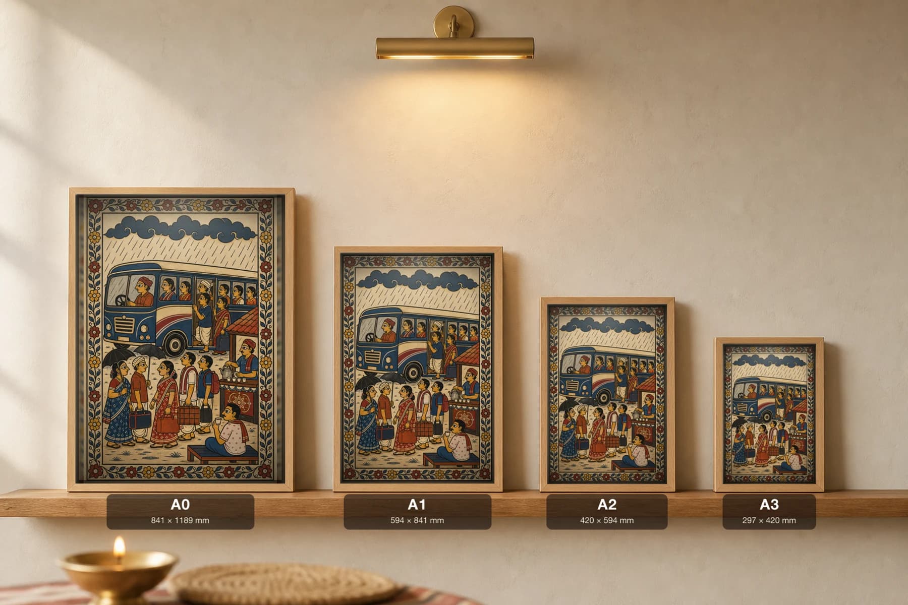 Monsoon Bus Stand Pattachitra Print — an Odisha bus halt in the rain, passengers and a chai stall in patta line · collector edition A2 · contemporary fusion — print size guide showing the artwork at A0, A1, A2 and A3 in natural-oak frames at true relative scale