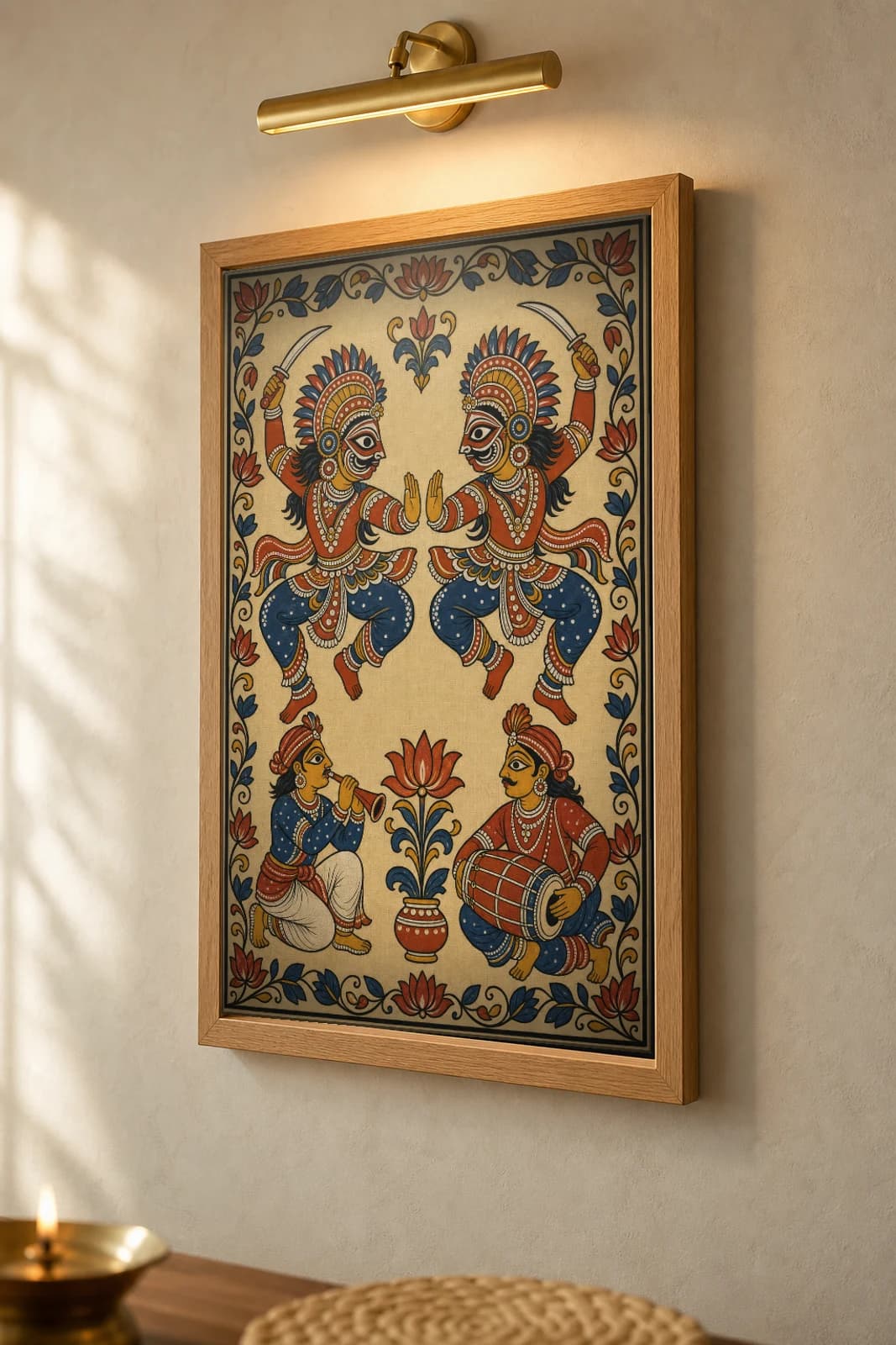 Chhau Mask Dancers Pattachitra Print — two masked leaping dancers with a flute and mardala drummer in patta line · collector edition A2 · contemporary fusion — the framed print shown at a three-quarter angle on a styled gallery wall in a natural-oak frame