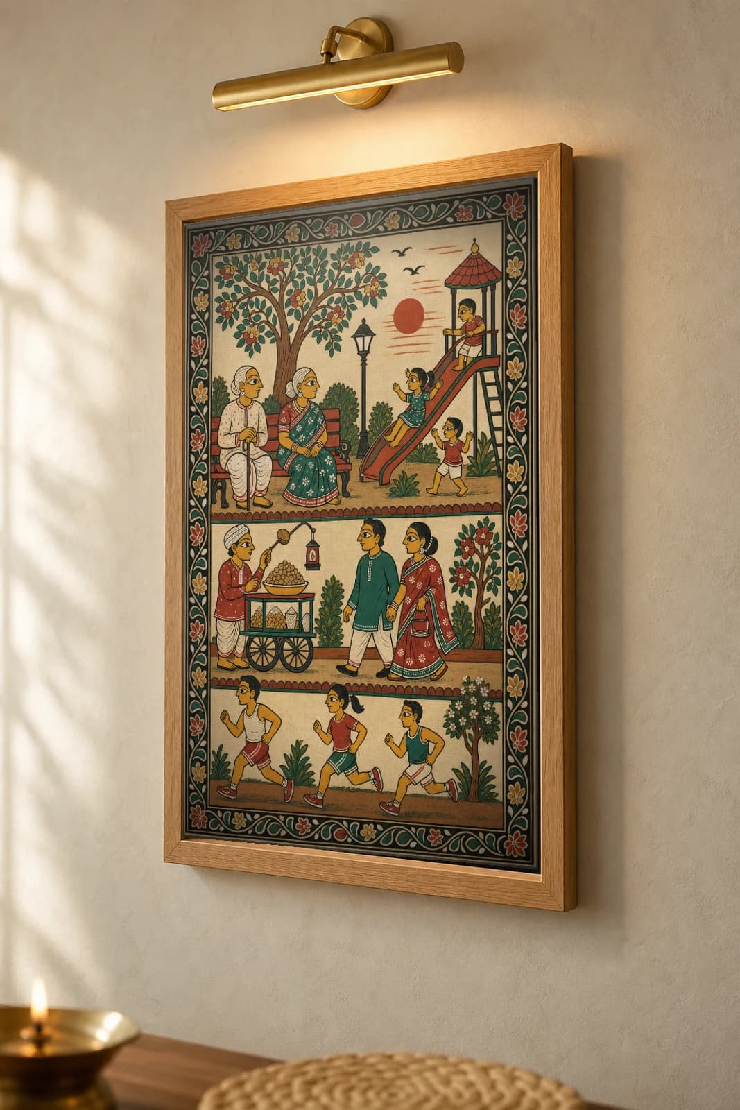 Park Evening Pattachitra Print — a city park at dusk with grandparents, a playground and joggers in patta line · collector edition A2 · contemporary fusion — the framed print shown at a three-quarter angle on a styled gallery wall in a natural-oak frame