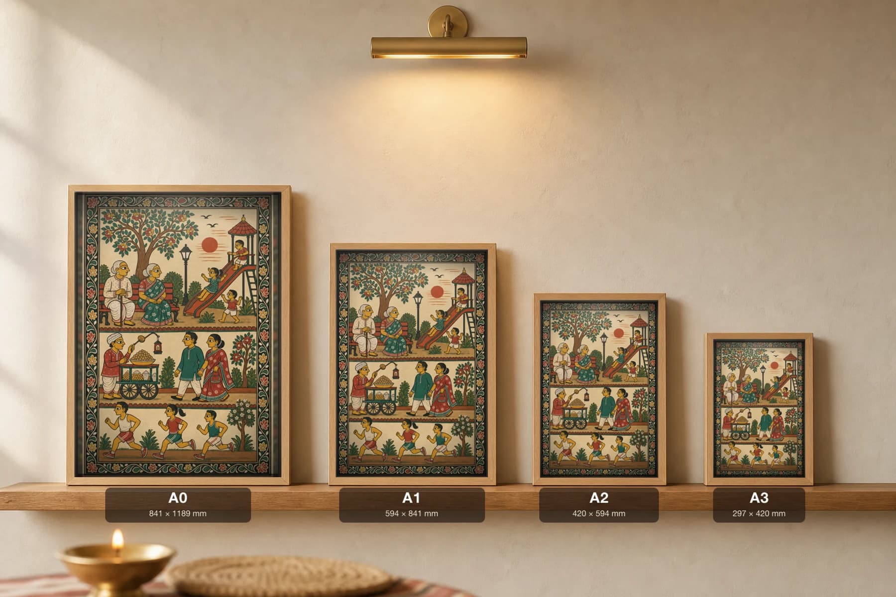 Park Evening Pattachitra Print — a city park at dusk with grandparents, a playground and joggers in patta line · collector edition A2 · contemporary fusion — print size guide showing the artwork at A0, A1, A2 and A3 in natural-oak frames at true relative scale