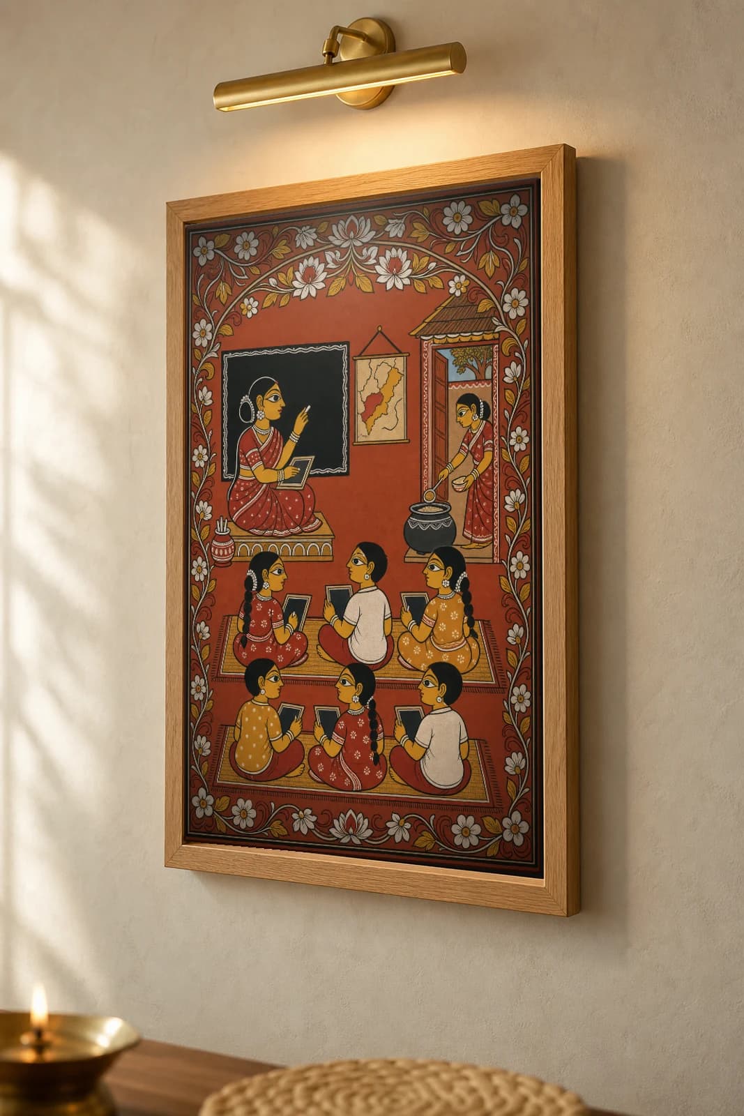 Morning Class Pattachitra Print — a village schoolroom with a teacher, slates and an Odisha wall map in patta line · collector edition A2 · contemporary fusion — the framed print shown at a three-quarter angle on a styled gallery wall in a natural-oak frame