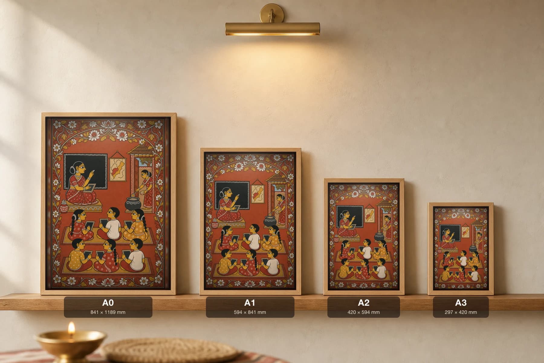 Morning Class Pattachitra Print — a village schoolroom with a teacher, slates and an Odisha wall map in patta line · collector edition A2 · contemporary fusion — print size guide showing the artwork at A0, A1, A2 and A3 in natural-oak frames at true relative scale