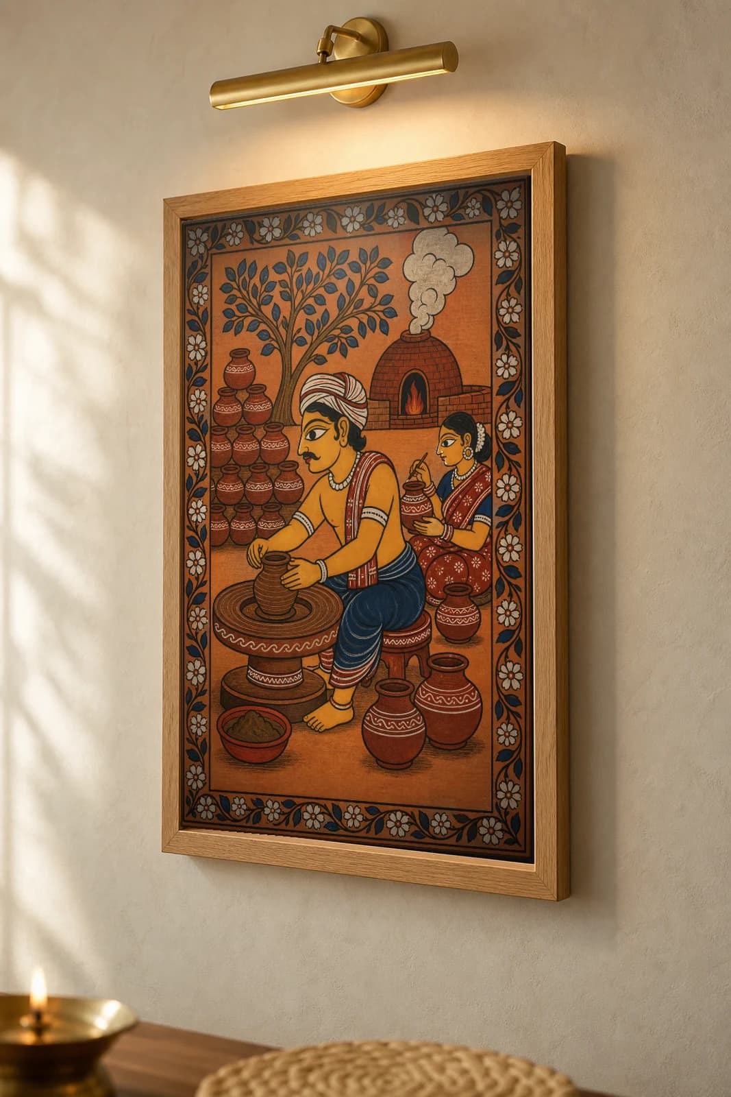 Potter's Yard Pattachitra Print — a kumbhakar at the wheel with a kiln and rows of pots in patta line · collector edition A2 · contemporary fusion — the framed print shown at a three-quarter angle on a styled gallery wall in a natural-oak frame