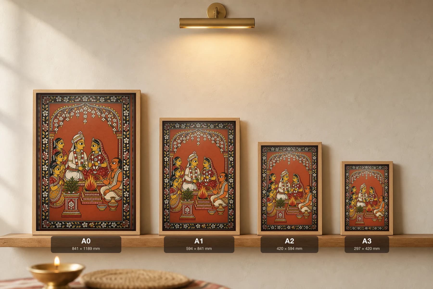 Tulasi Wedding Pattachitra Print — a courtyard marriage around the sacred fire with priest, sakhis and tulasi in patta line · collector edition A2 · contemporary fusion — print size guide showing the artwork at A0, A1, A2 and A3 in natural-oak frames at true relative scale