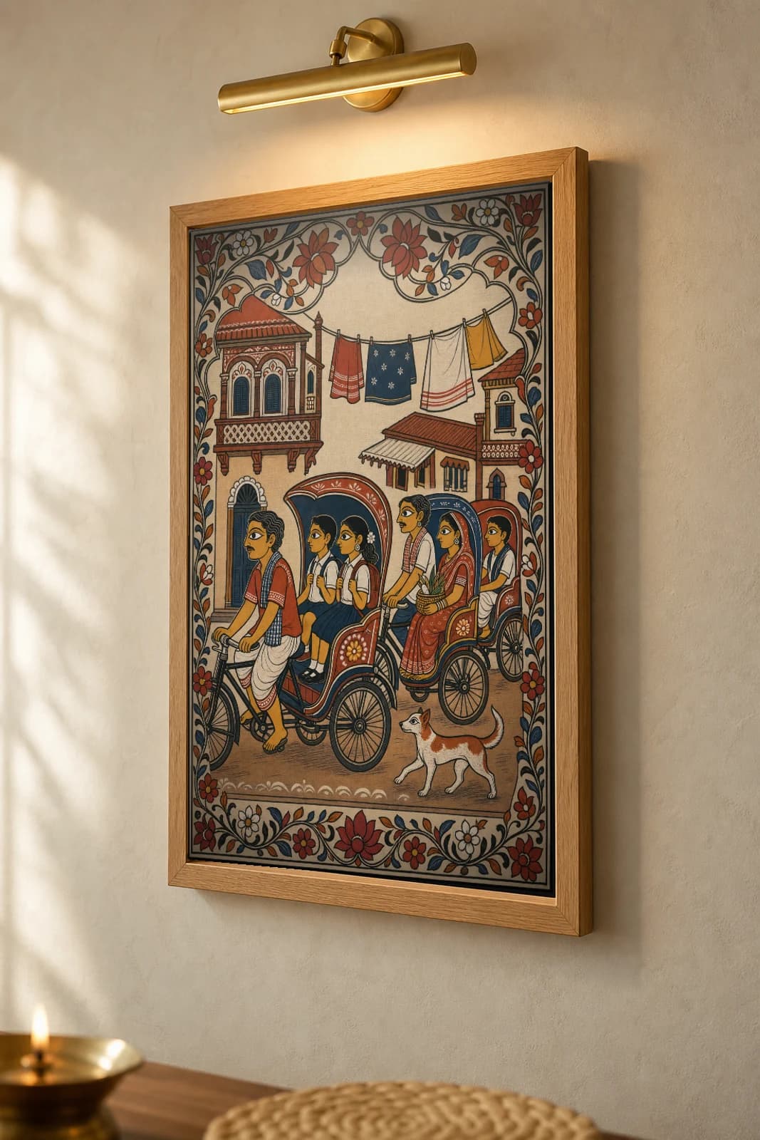 Rickshaw Lane Pattachitra Print — a cycle-rickshaw carrying schoolchildren down an old-town lane in patta line · collector edition A2 · contemporary fusion — the framed print shown at a three-quarter angle on a styled gallery wall in a natural-oak frame