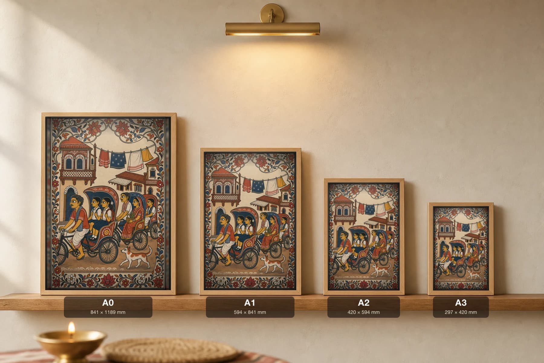 Rickshaw Lane Pattachitra Print — a cycle-rickshaw carrying schoolchildren down an old-town lane in patta line · collector edition A2 · contemporary fusion — print size guide showing the artwork at A0, A1, A2 and A3 in natural-oak frames at true relative scale
