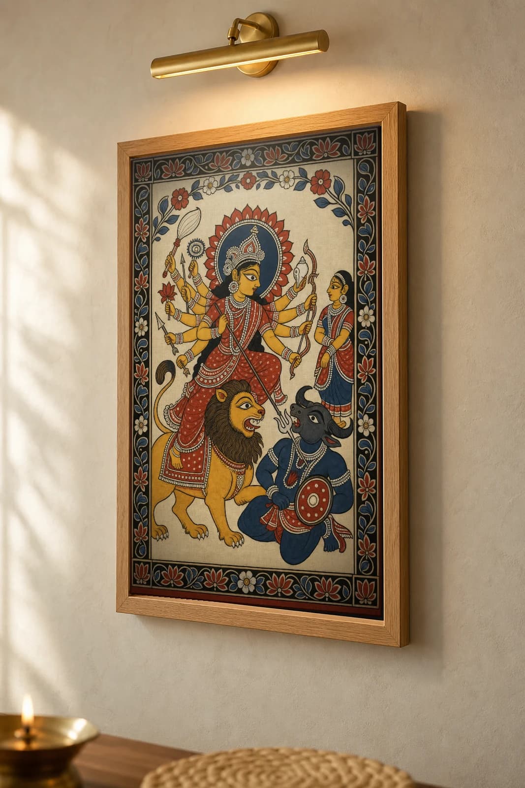 Durga Mahishasura Pattachitra Print — the ten-armed goddess on her lion slaying the buffalo demon · collector edition A2 · classical Odisha cloth-painting grammar — the framed print shown at a three-quarter angle on a styled gallery wall in a natural-oak frame