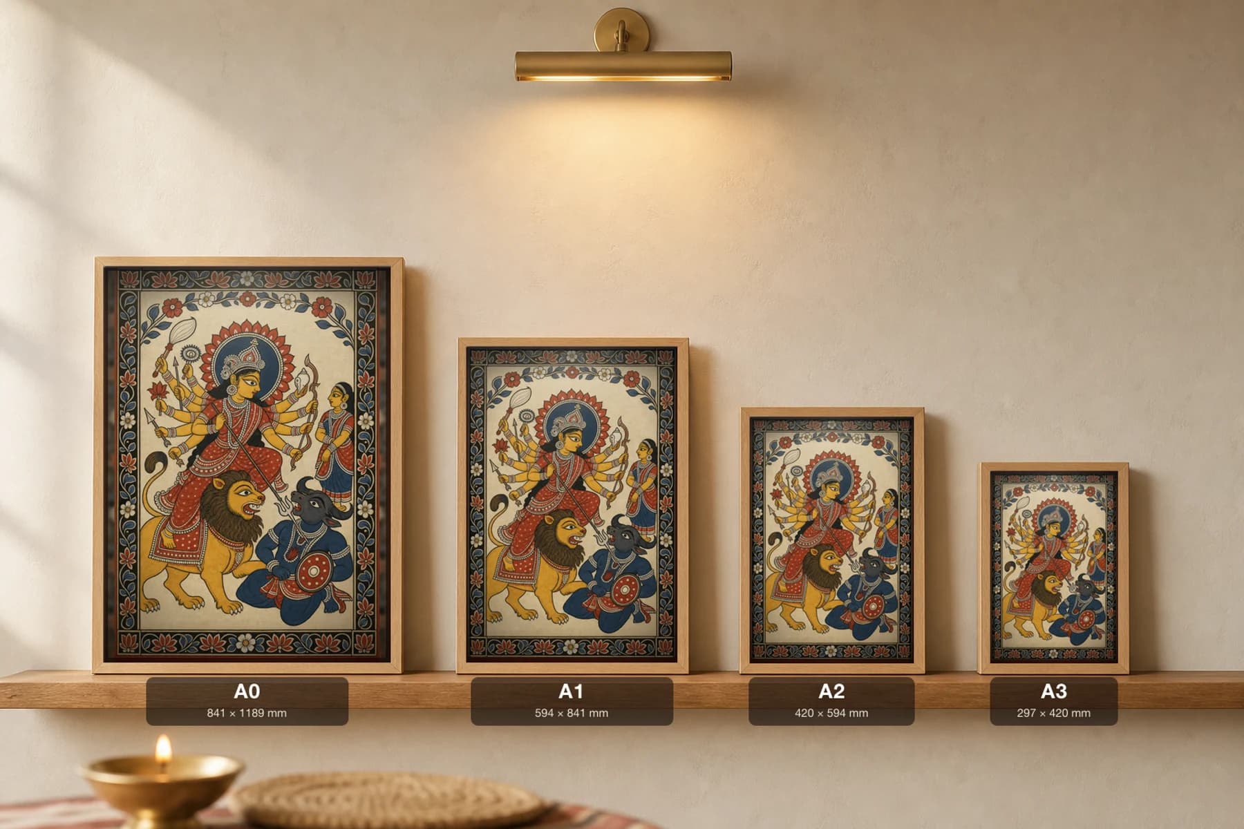 Durga Mahishasura Pattachitra Print — the ten-armed goddess on her lion slaying the buffalo demon · collector edition A2 · classical Odisha cloth-painting grammar — print size guide showing the artwork at A0, A1, A2 and A3 in natural-oak frames at true relative scale