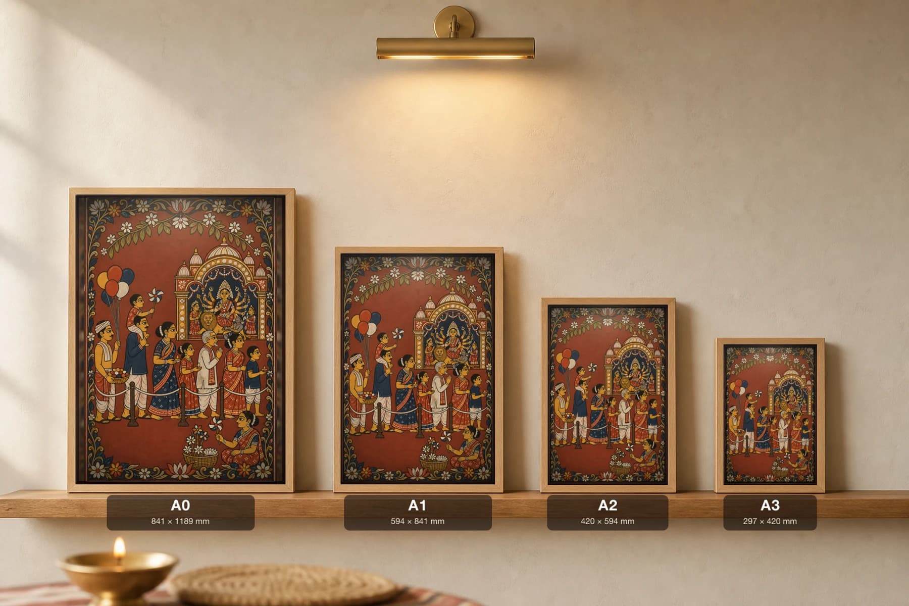 Durga Pandal Queue Pattachitra Print — devotees lined up for darshan at a Durga Puja pandal in patta line · collector edition A2 · contemporary fusion — print size guide showing the artwork at A0, A1, A2 and A3 in natural-oak frames at true relative scale