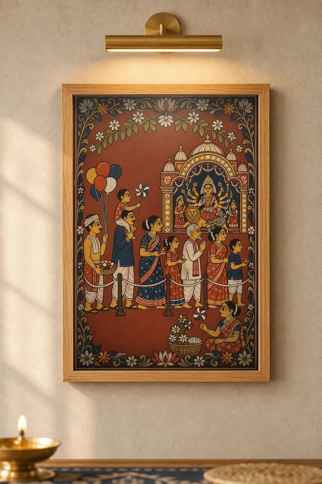 Durga Pandal Queue — framed museum print, Pattachitra