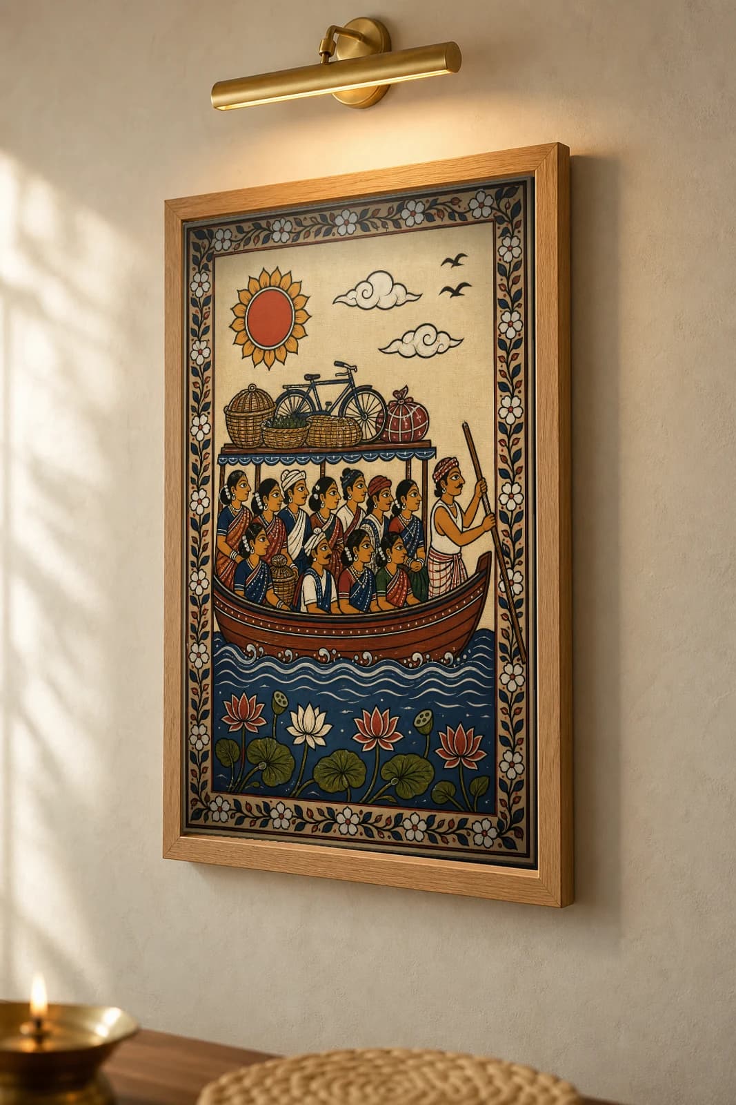 River Ferry Pattachitra Print — a loaded village ferry crossing the river under a folk sun in patta line · collector edition A2 · contemporary fusion — the framed print shown at a three-quarter angle on a styled gallery wall in a natural-oak frame
