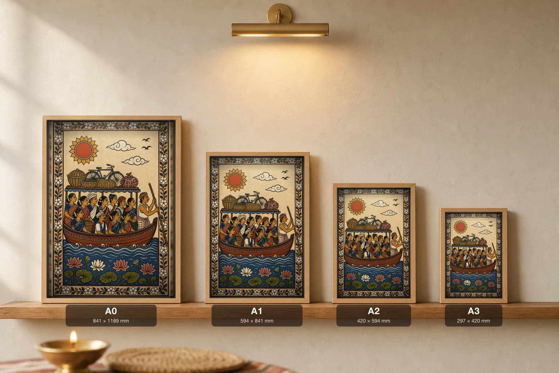 River Ferry Pattachitra Print — a loaded village ferry crossing the river under a folk sun in patta line · collector edition A2 · contemporary fusion — print size guide showing the artwork at A0, A1, A2 and A3 in natural-oak frames at true relative scale
