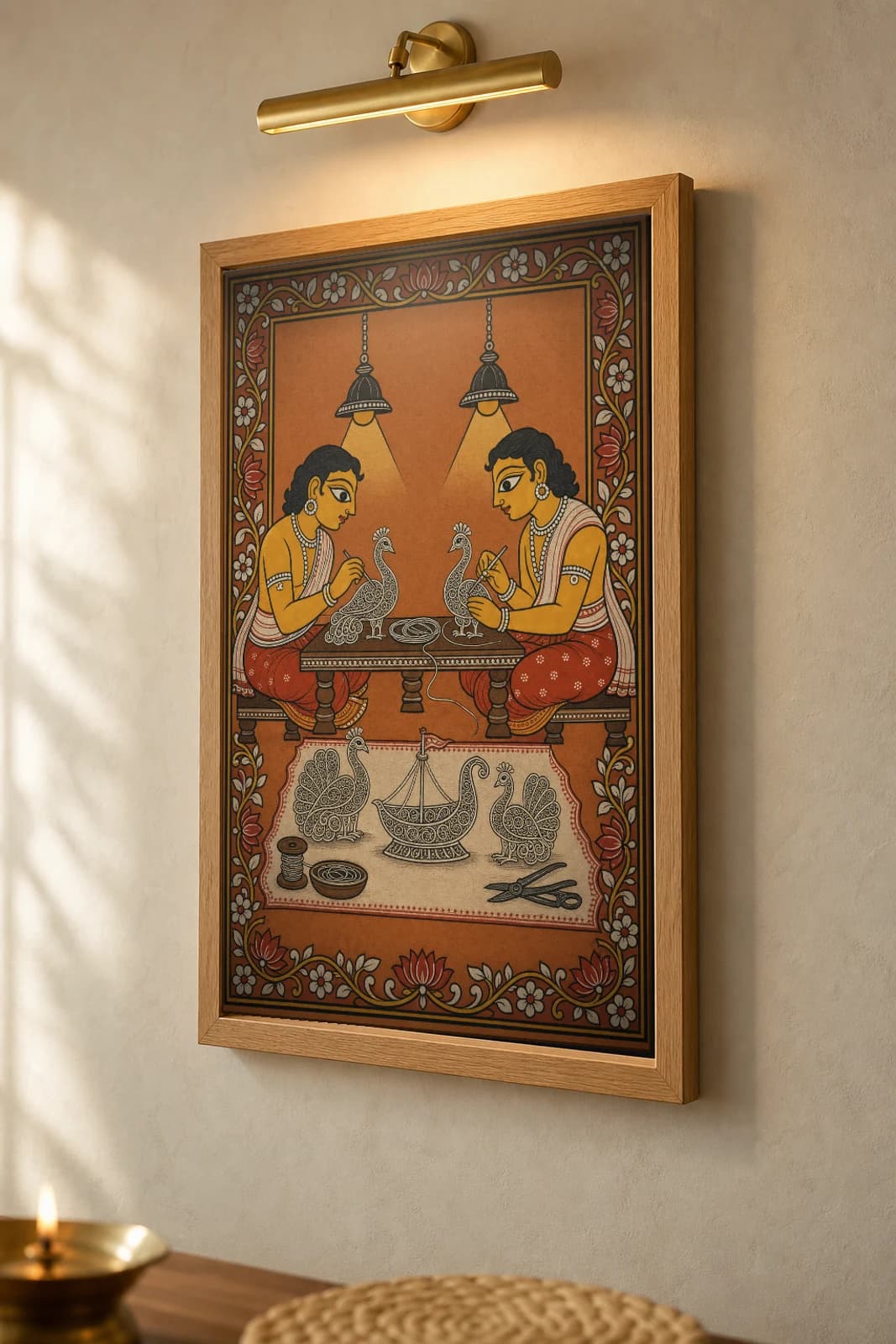 Tarakasi Bench Pattachitra Print — two Cuttack silver-filigree artisans crafting peacocks in patta line · collector edition A2 · contemporary fusion — the framed print shown at a three-quarter angle on a styled gallery wall in a natural-oak frame
