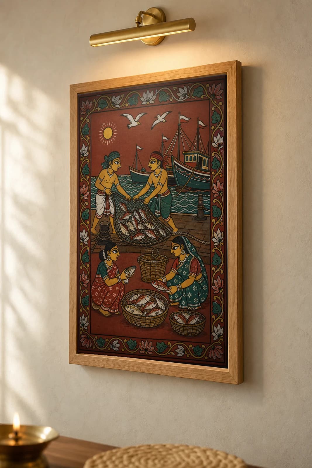 Fishing Harbour Pattachitra Print — a morning catch hauled in with trawlers and fishwives in patta line · collector edition A2 · contemporary fusion — the framed print shown at a three-quarter angle on a styled gallery wall in a natural-oak frame