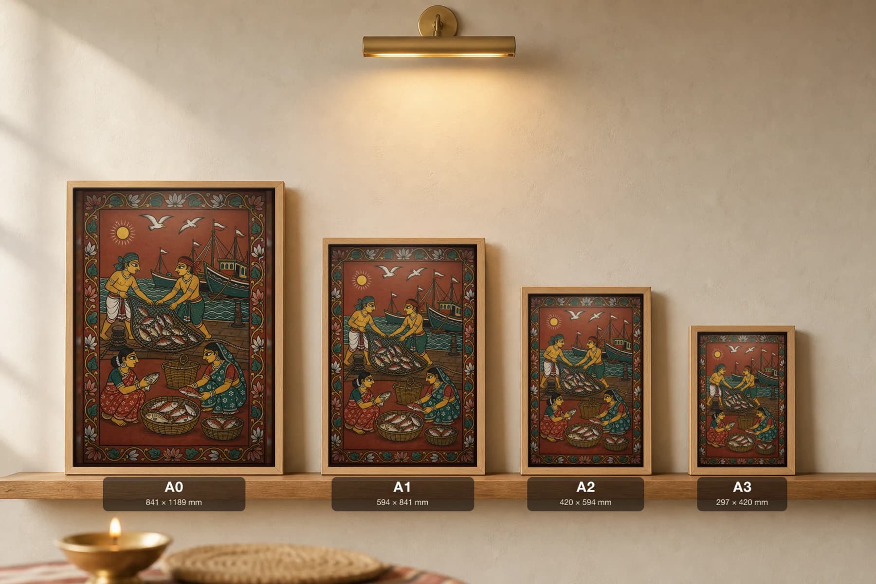 Fishing Harbour Pattachitra Print — a morning catch hauled in with trawlers and fishwives in patta line · collector edition A2 · contemporary fusion — print size guide showing the artwork at A0, A1, A2 and A3 in natural-oak frames at true relative scale