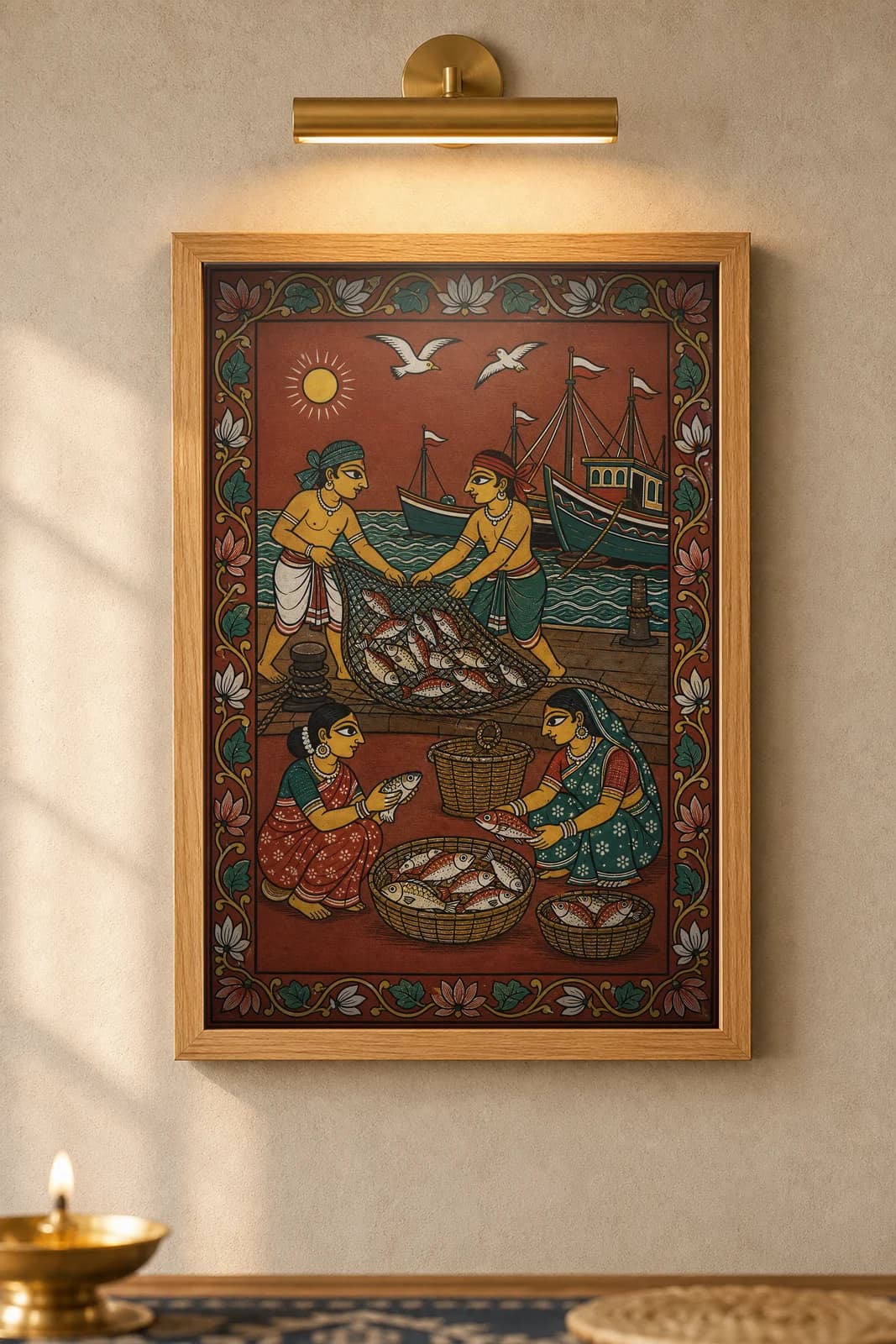 Fishing Harbour — framed museum print, Pattachitra