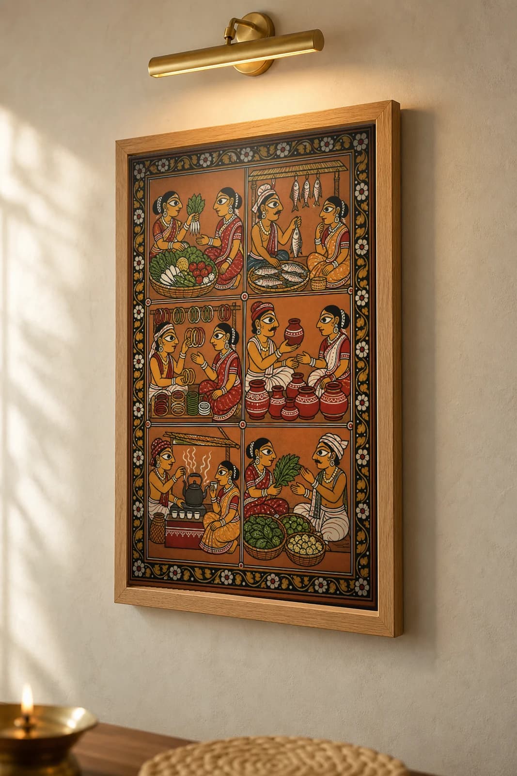 Weekly Haat Pattachitra Print — six market stalls of a village haat in a clean grid · collector edition A2 · contemporary fusion — the framed print shown at a three-quarter angle on a styled gallery wall in a natural-oak frame
