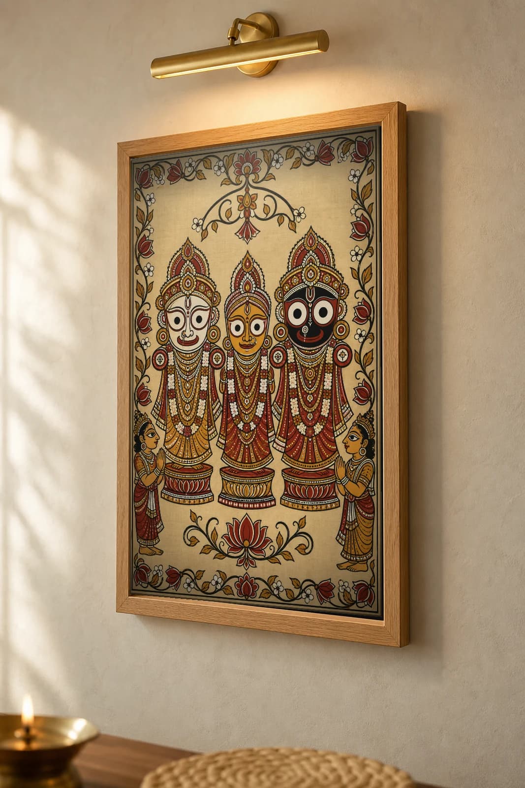 Jagannath Triad Pattachitra Print — Jagannath, Balabhadra and Subhadra enshrined together · collector edition A2 · classical Odisha cloth-painting grammar — the framed print shown at a three-quarter angle on a styled gallery wall in a natural-oak frame