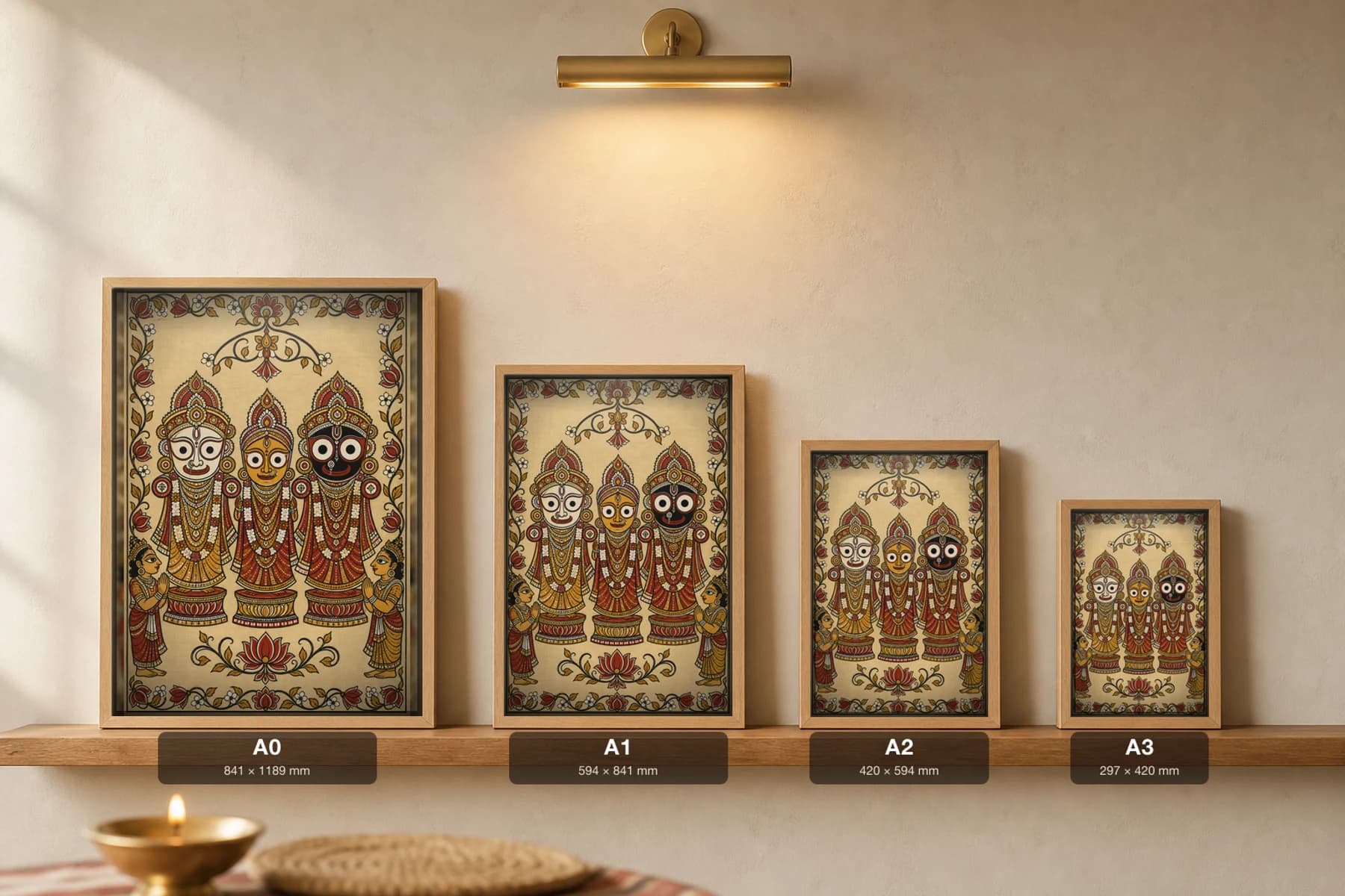 Jagannath Triad Pattachitra Print — Jagannath, Balabhadra and Subhadra enshrined together · collector edition A2 · classical Odisha cloth-painting grammar — print size guide showing the artwork at A0, A1, A2 and A3 in natural-oak frames at true relative scale